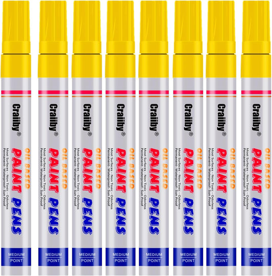 Yellow Paint Markers, 8 Pack Oil-Based Waterproof Quick Dry Permanent Paint Pen Set for Rocks Painting, Wood, Fabric, Plastic, Canvas, Glass, Mugs, Metal, Tire, Stone, DIY Craft