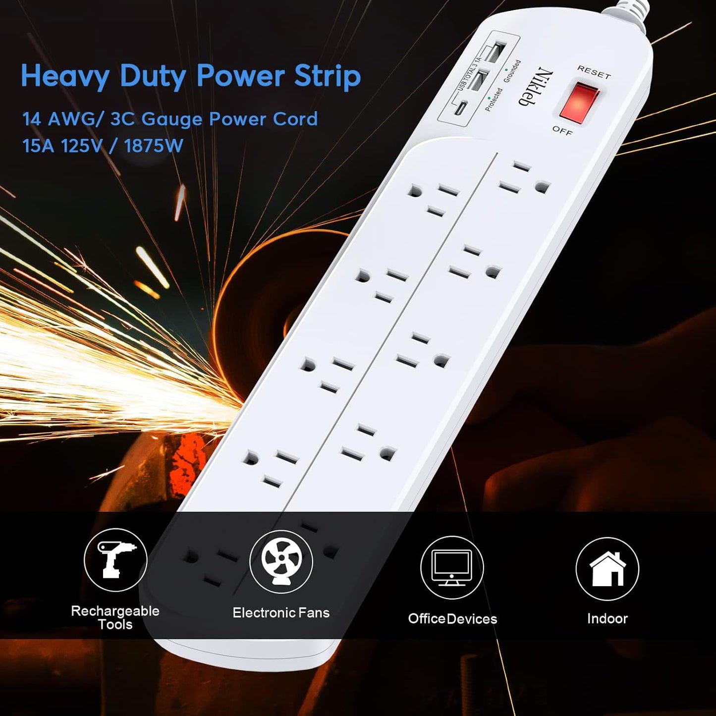 Long Power Strip, Multi Plug Outlet Extender Nikleb with 10 Outlets, Heavy Duty Extension Cord with 2 USB+1 Type C Ports, USB Plug Adapter Surge Protector for House, Garage, Patio, Basement