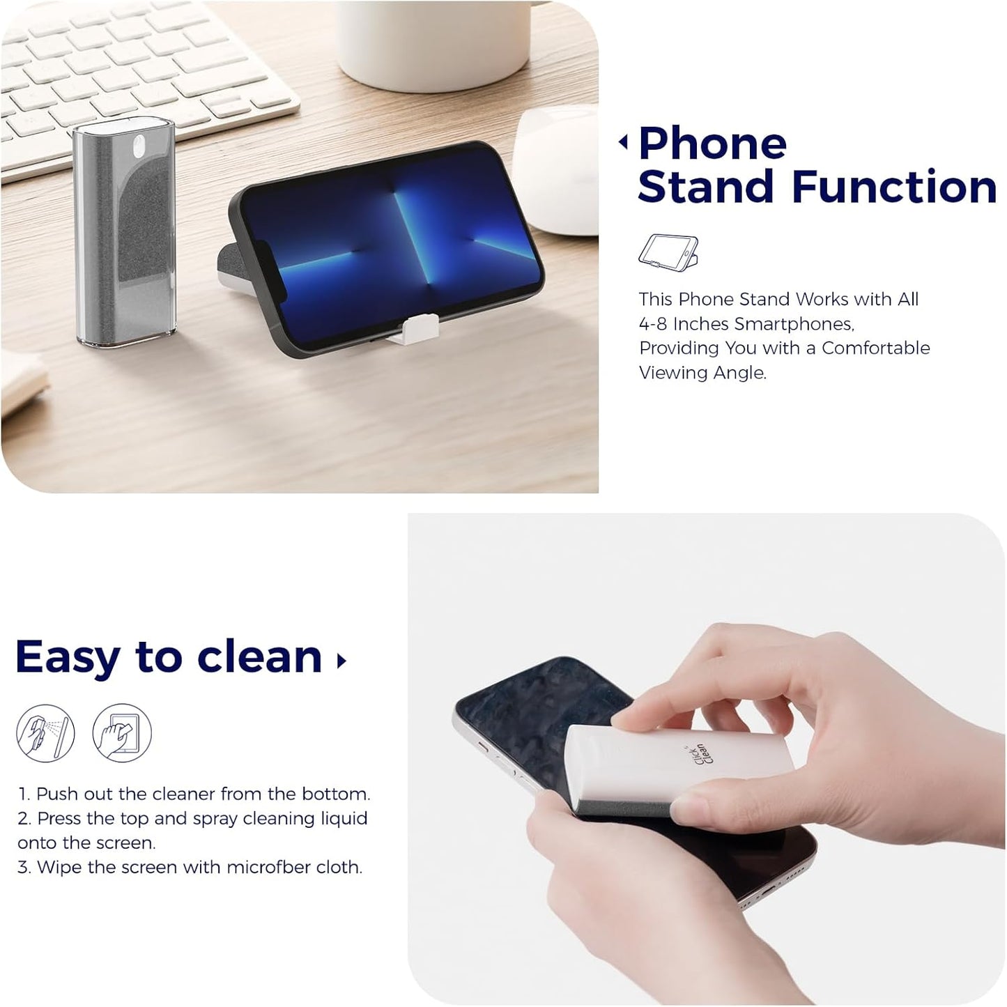 Click Clean Screen Cleaner Kits - 2 All-in-One Mist Cleaner with 4 oz Refill, 1 Microfiber Cloth(7.8 x 7.8in), 1 Mini Funnel, and 1 Sprayer - for All Phones, Laptop and Tablet Screens