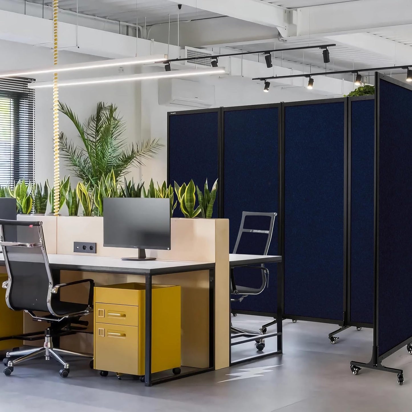 Upgrade Version Room Partition and Divider, Freestanding Rolling Dividers with Wheels,Office Privacy Screen Divider Wall,Classroom Felt Dividers,10'6"L* 6'7"H,5 Panel,Blue