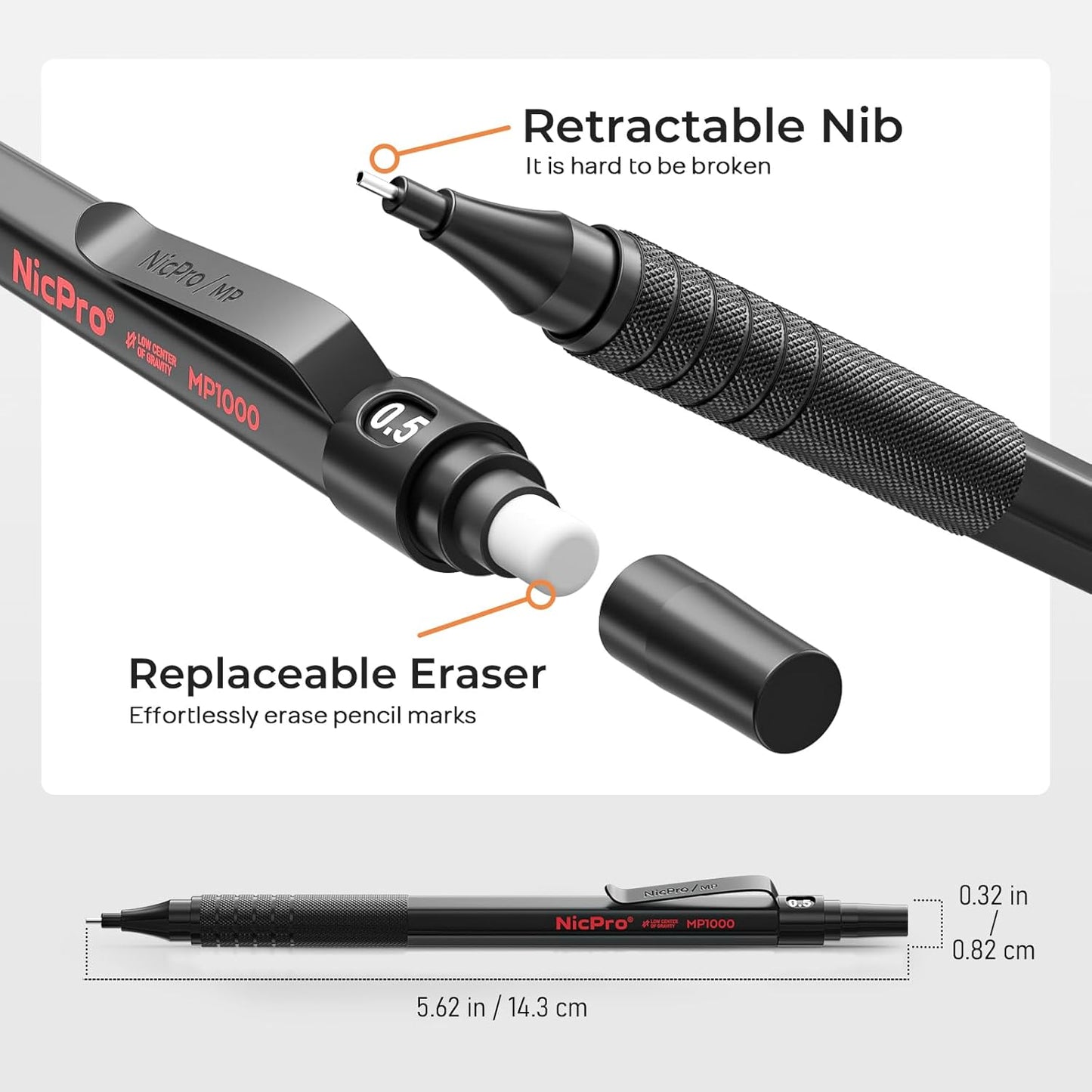 Nicpro 0.5 mm Mechanical Pencils Set with Case, 3 Metal Artist Pencil With 480PCS HB Lead Refills, 3 Erasers,9 Eraser Refills For Architect Art Writing Drafting, Drawing, Engineering, Sketching, Black