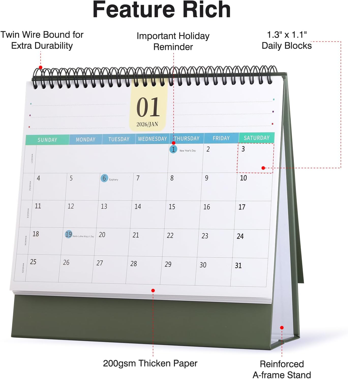 Desk Calendar 2026-2027, 2 Years Calendar Runs from Jan. 2026 until Dec 2027, Table Monthly Planner with Stickers for Home,Office,School Organization(L-Green,9.8" x 9.6")