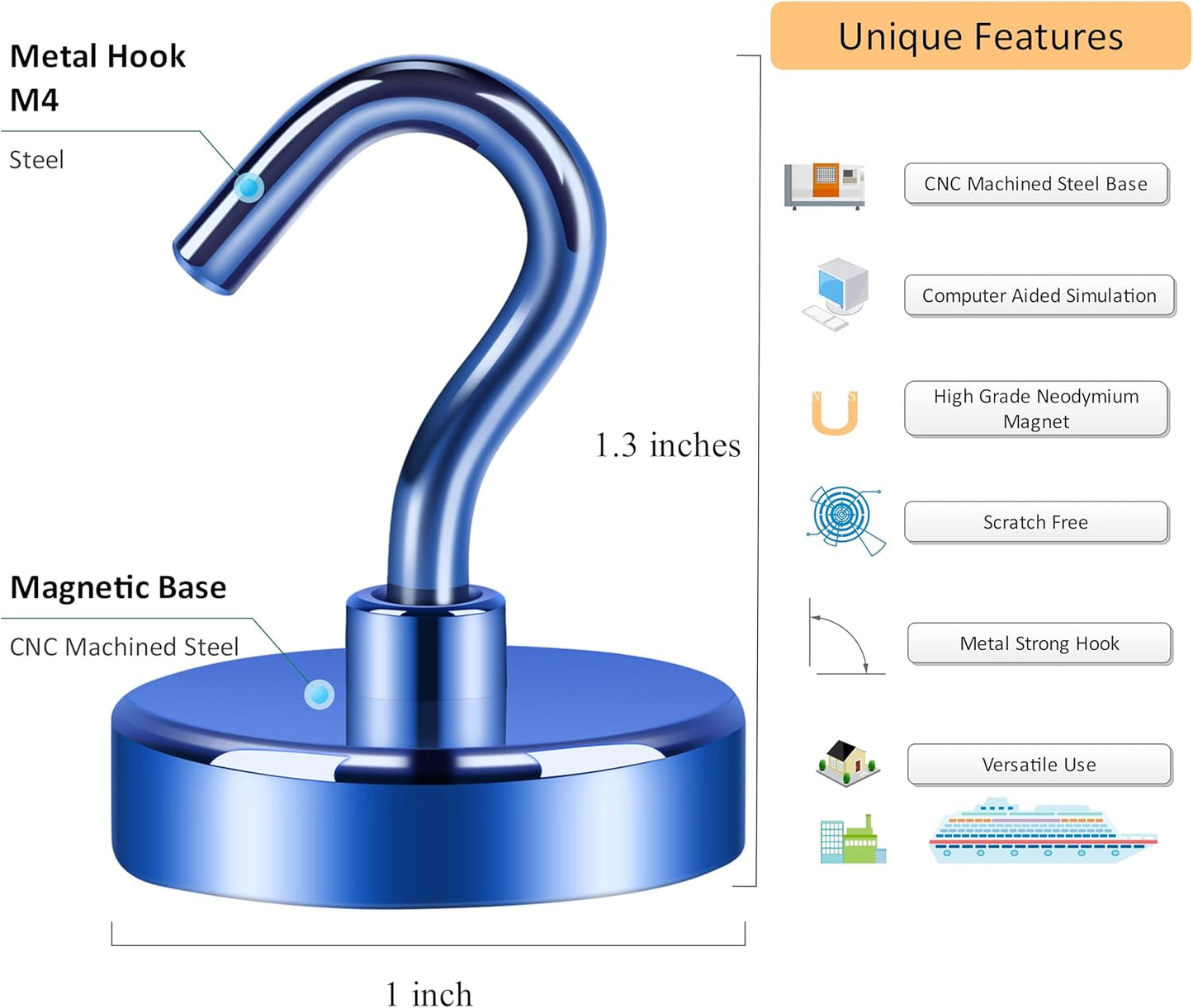 Neosmuk Magnetic Hooks Heavy Duty,Strong Magnet with Hook for Fridge, Super Neodymium Extra Strength Industrial Hooks for Hanging, Magnetic Hanger for Toolbox, Cruise, Grill(Navyblue,4 Pack)