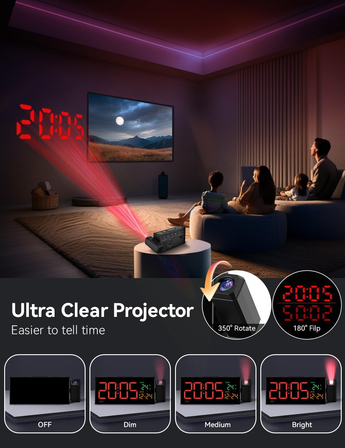 Netzu Projection Clock for Bedroom Ceiling, Alarm Clocks with 180° Rotatable Projector, Date Temperature and Weekday, Manual DST, 5 Brightness, 10 Ringtones, 4 Volumes and Snooze