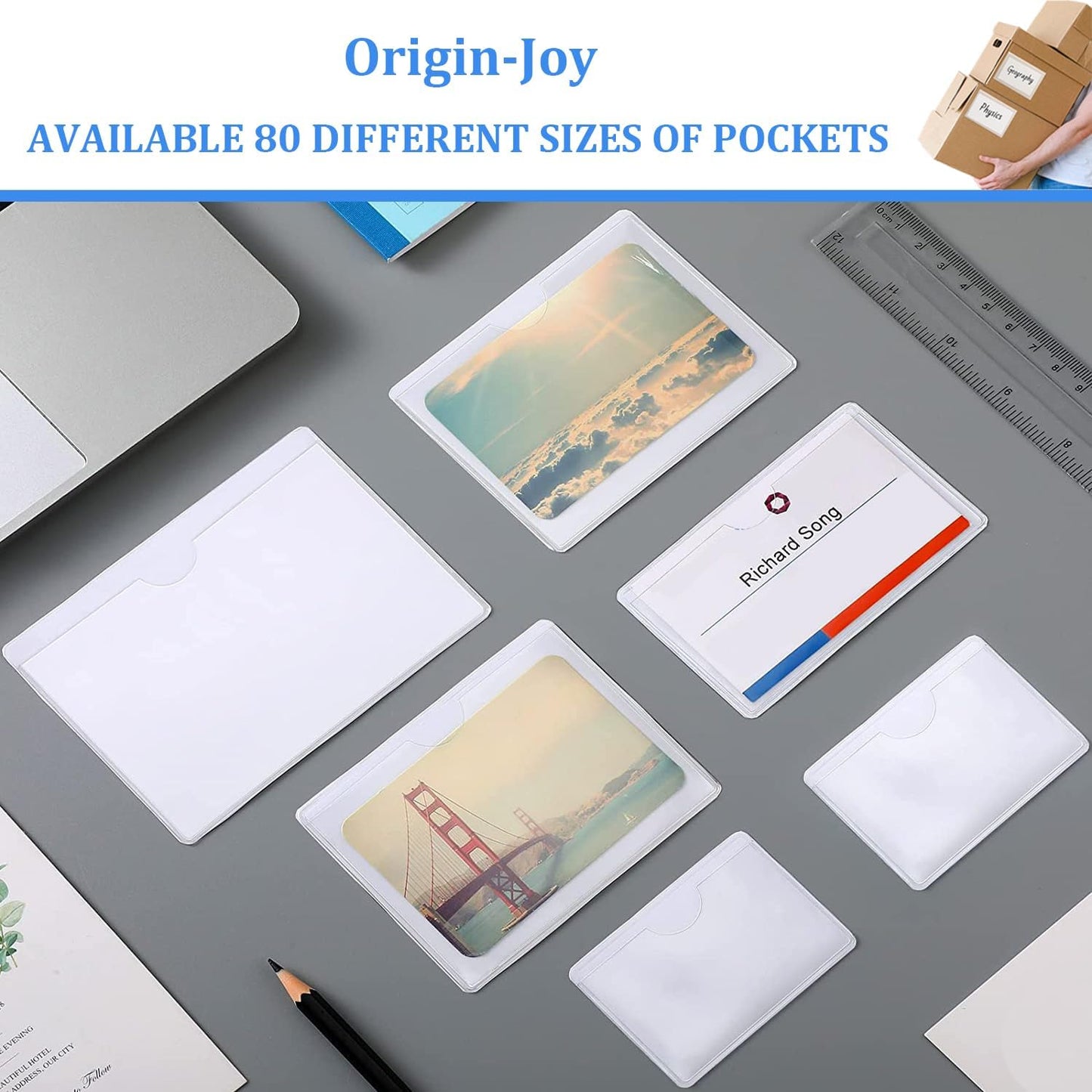 Origin-Joy 60 PCS Self Adhesive Index Card Pockets with Top Open, Clear Plastic Label Holder for Cards of Note, Library and Business, Adhesive Label Pockets & Card Holder (4 x 3.5 inch)