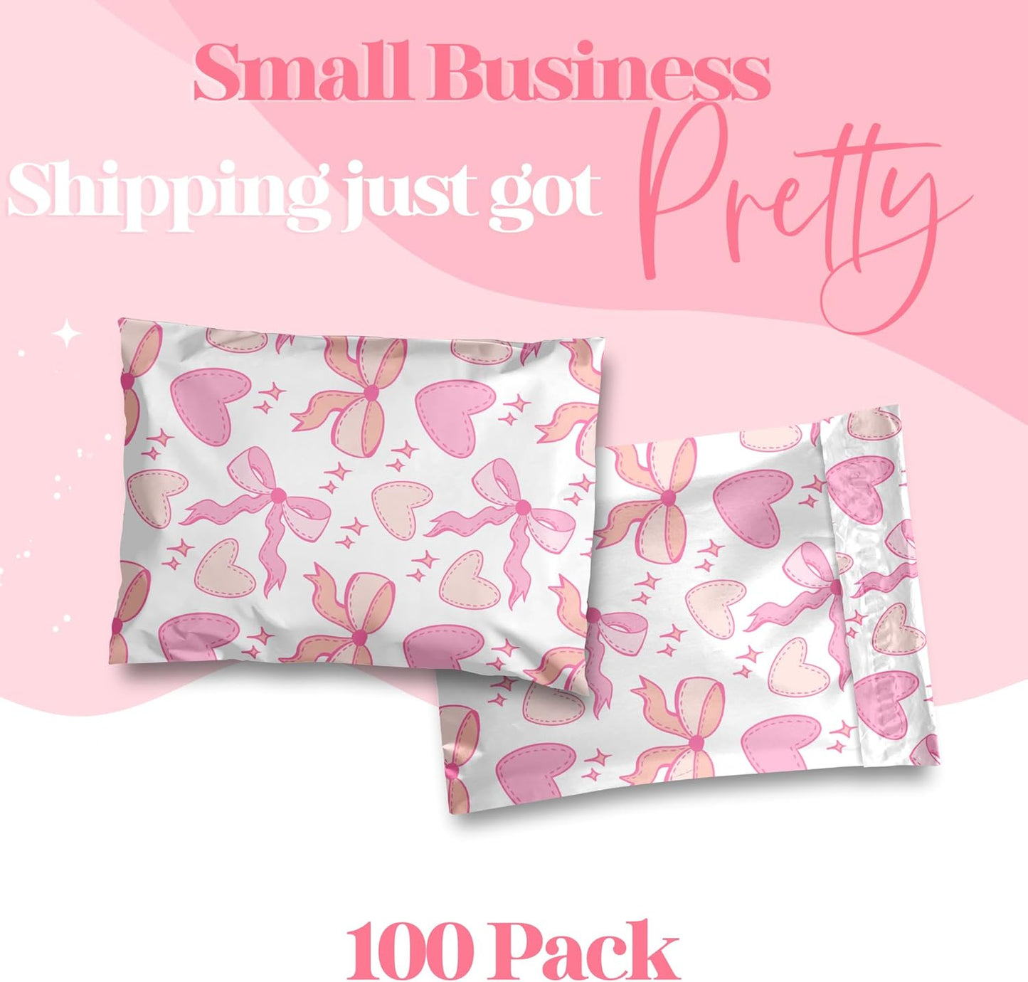 14.5x19 Designer Poly Mailer 100 Pack Heavy Duty Waterproof Self Seal Shipping Bags for Small Business Large Mailing Envelopes Bulk Tear Resistant Packaging Coquette Bows Hearts