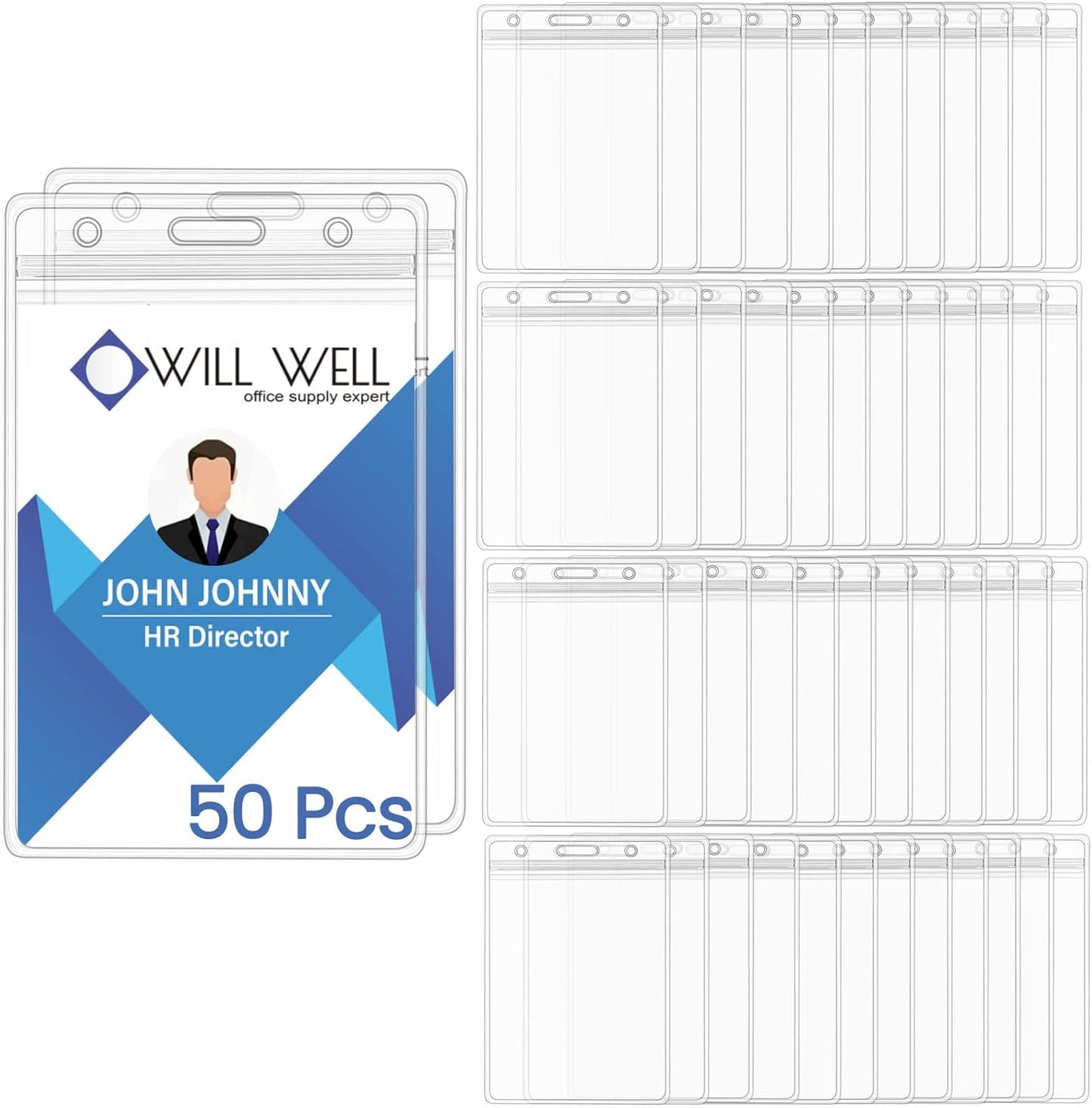Will Well ID Badge Holders with Holes for Lanyards and Keyrings - Vertical Clear Plastic 2.6" x 3.7" Inner Size Sleeves Fit Up to 3 Cards, 0.8mm Thick Waterproof Resealable Zip Type - 50-Pack