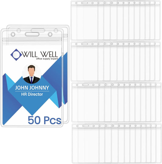 Will Well ID Badge Holders with Holes for Lanyards and Keyrings - Vertical Clear Plastic 2.6" x 3.7" Inner Size Sleeves Fit Up to 3 Cards, 0.8mm Thick Waterproof Resealable Zip Type - 50-Pack