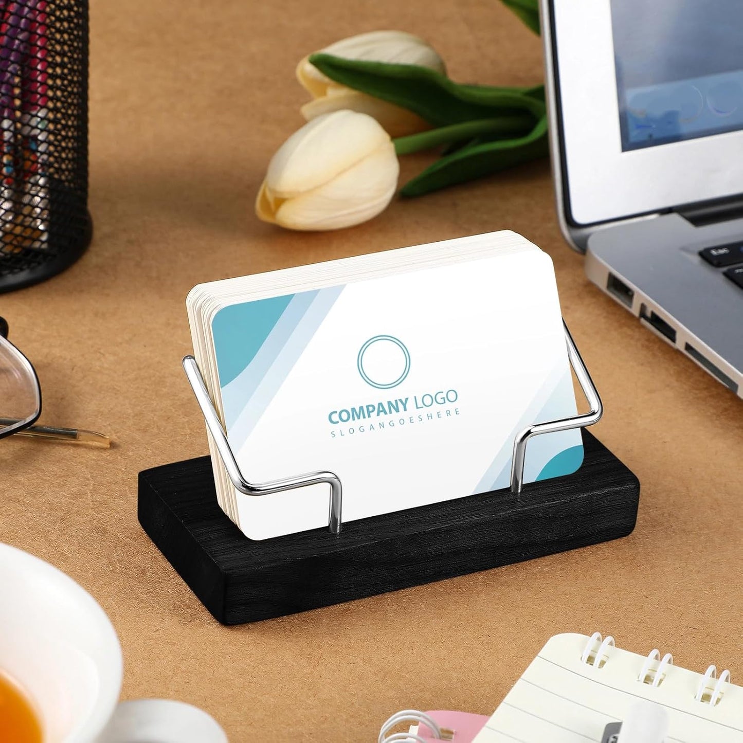 Amyhill 2 Pieces Wood Business Card Holder for Desk Wooden Business Card Display Stand Postcard Holder for Office Home Desktop (Black, Silver)