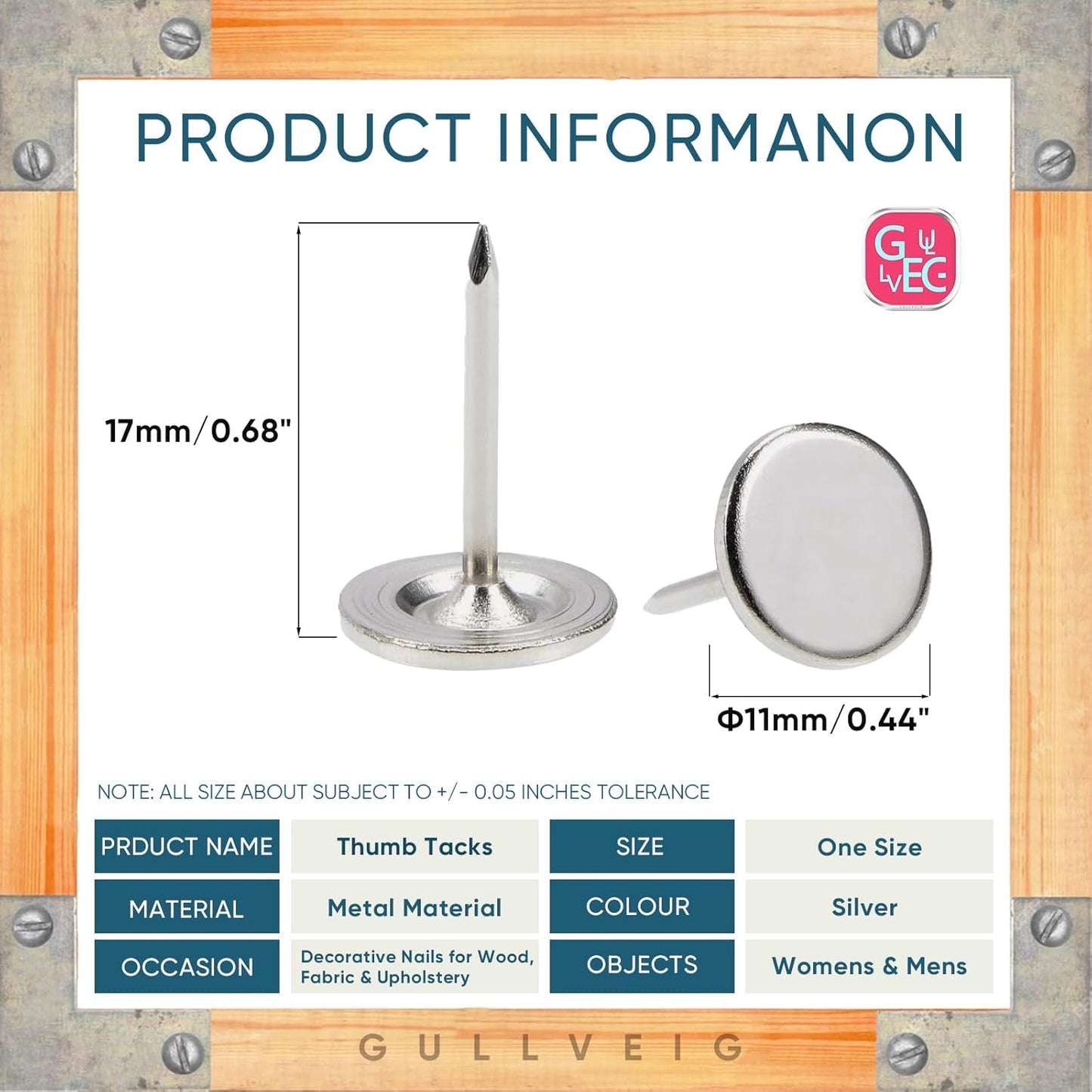 Gullveig Silver Push Pins and Thumb Tacks: Heavy Duty Flat Upholstery, Long Carpet Tacks, and Decorative Nails for Wood and Fabric, 50 Count