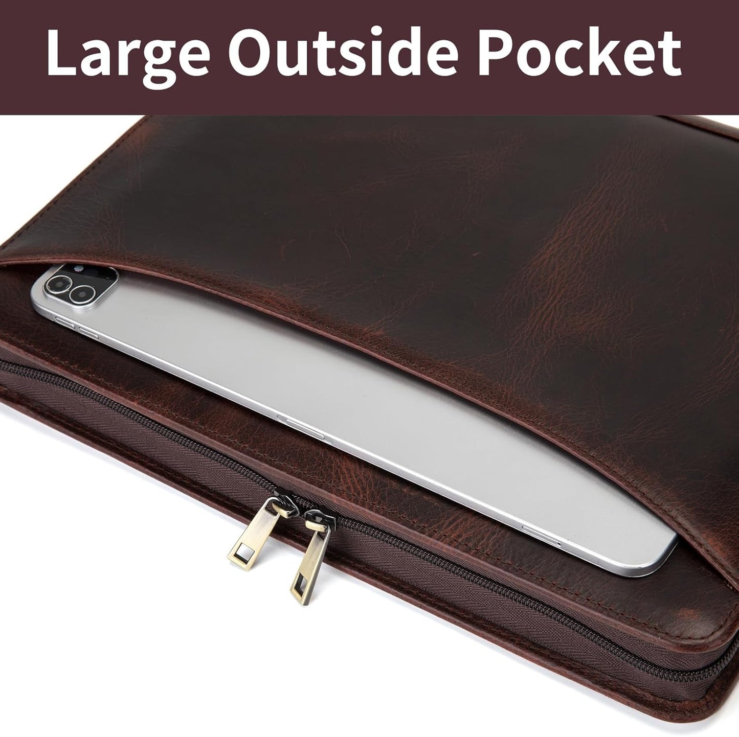 Personalized 3 Ring Binder Genuine Leather Portfolio, Front Pocket, Custom Engraved 8.5 x 11 Legal Pad Laptop Organizer for Men Women, Zippered Business Work Padfolio, Dark Brown, Oil Tanned