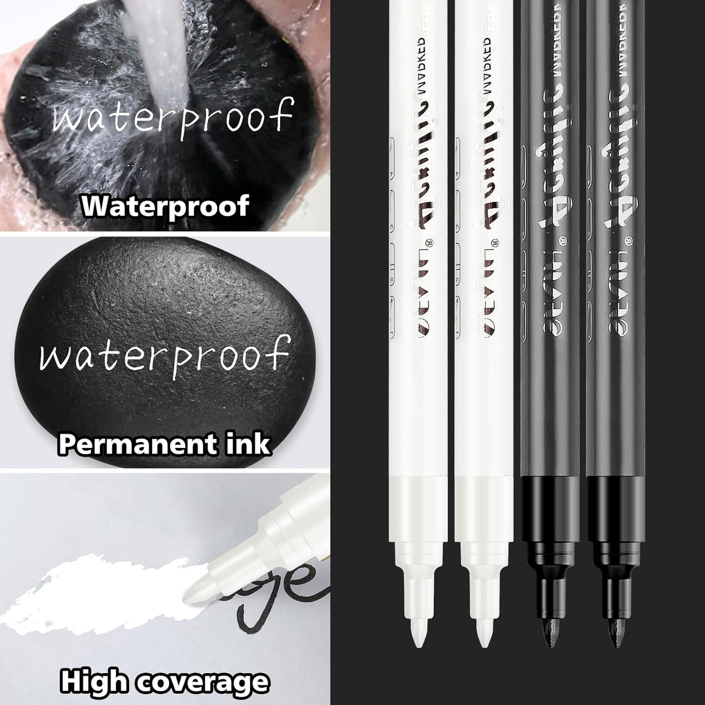 SFAIH White & Black Paint Markers Pens - 4 Pack 0.7MM Fine Tip Acrylic Markers for Rock Painting, Wood, Metal, Fabric, Plastic, Canvas, Glass, Ceramic, Diy Crafts, Drawing, Tire