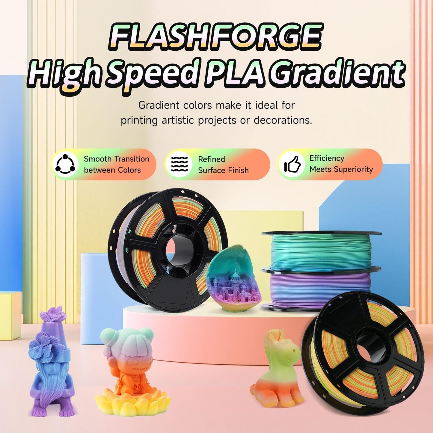 FLASHFORGE Rapid PLA Gradient Rainbow Summer Reverie Filament, Transform Colors Smoothly & Fast, High Flow Speedy 3D Printer Filament, Experience Exceptional Performance with 500mm/s Fast Printing