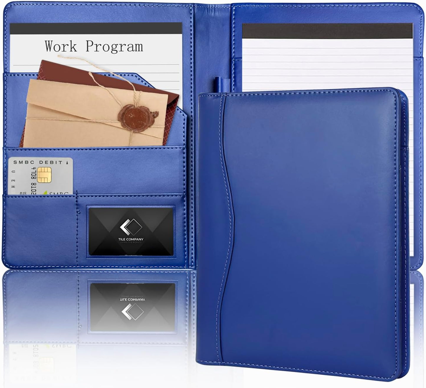 Leather Portfolio Binder 5 x 8, Mini Soft Leather Padfolio A5 Business Binder Legal Writing Pad Junior Size Document Organizer for Present Gift Kid Men Women Navy Blue