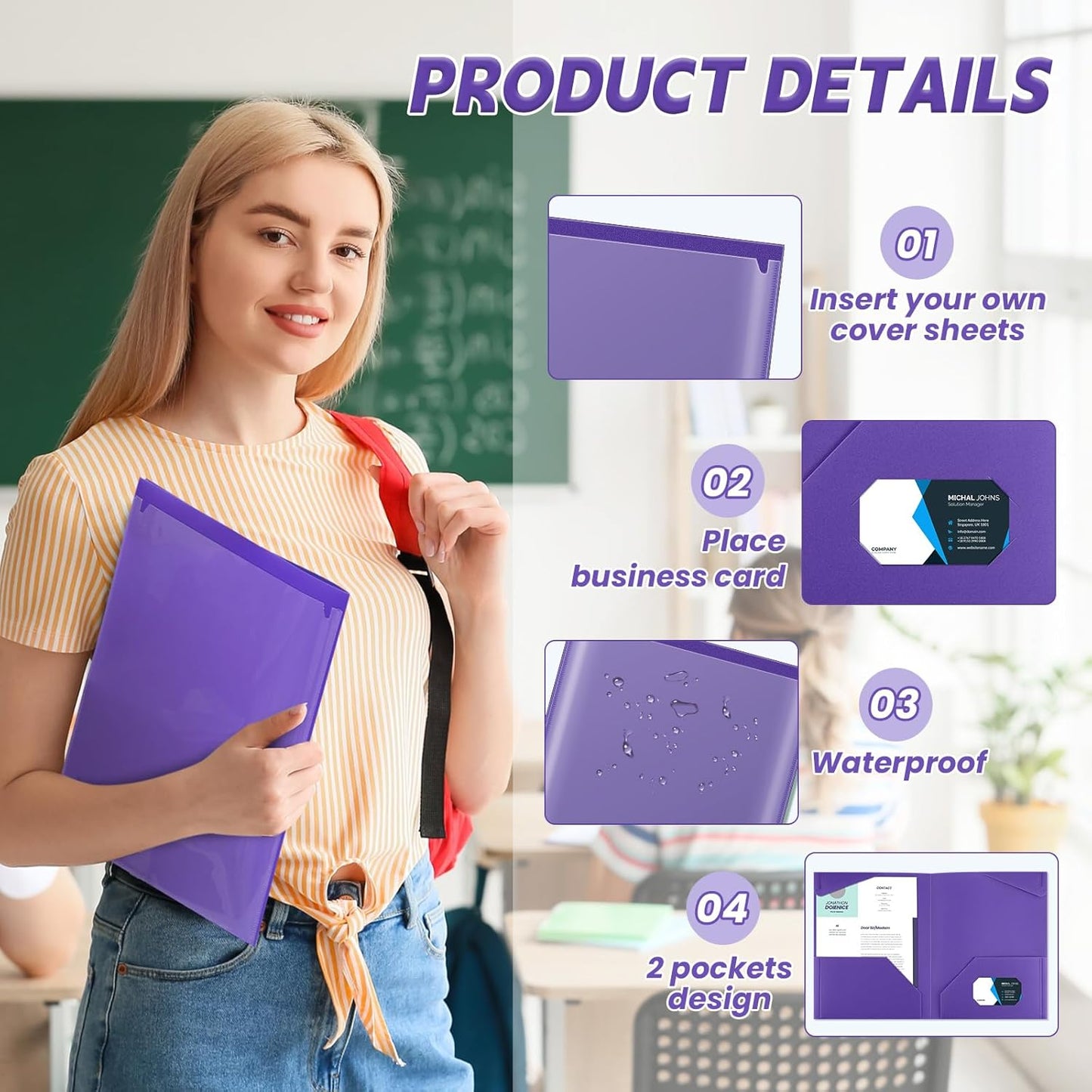 Henoyso 36 Pcs Plastic Folders with Clear Front Pockets Heavy Duty File Folders with 2 Pockets and Card Slot for Student Communication School Office Presentation Report (Purple)
