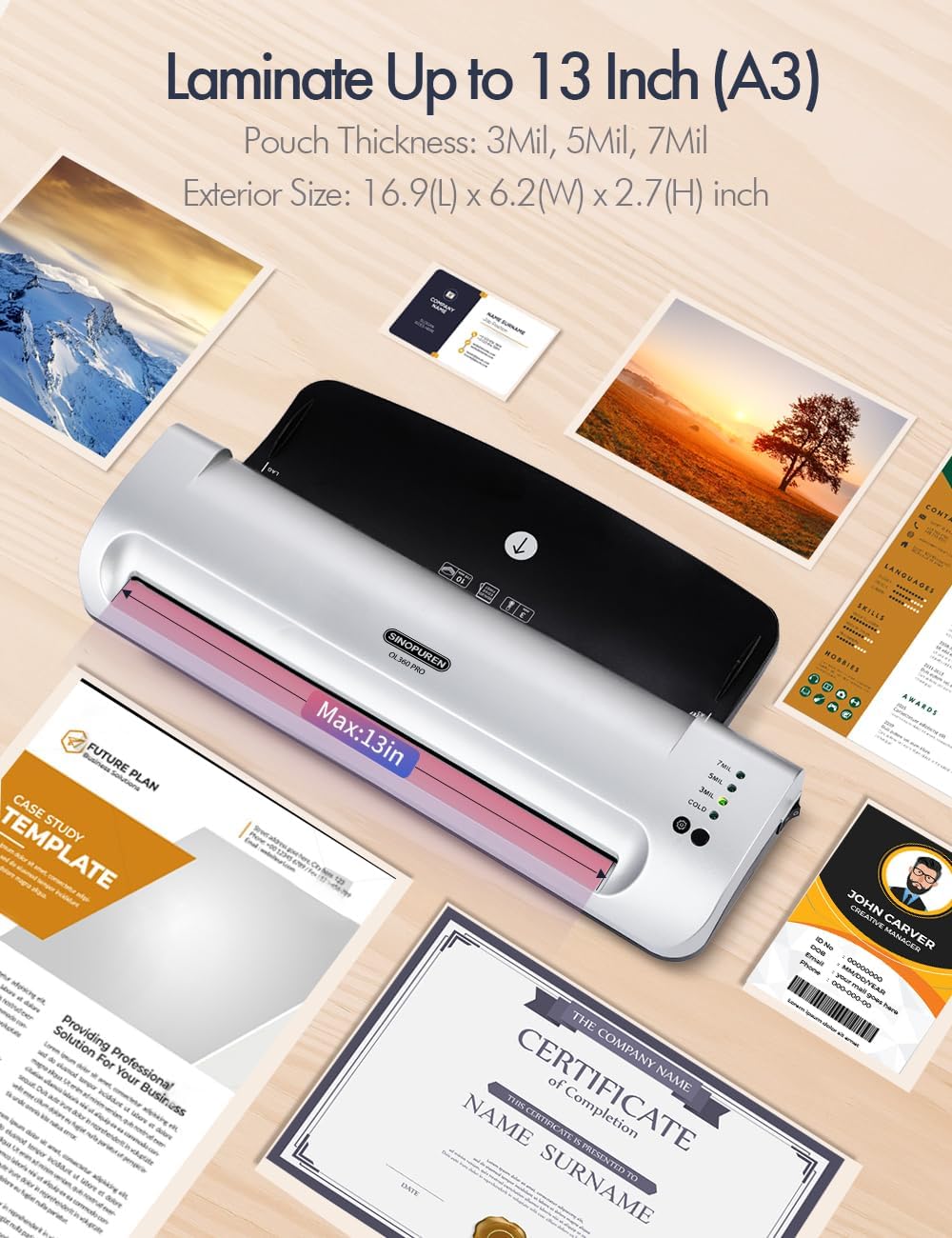 Laminator Machine, SINOPUREN 13-inch Thermal Laminator, with Paper Trimmer, Corner Rounder, 10 Pouches Sheets, Quick Warm-Up, Cold and Hot Laminating for Home/School/Office