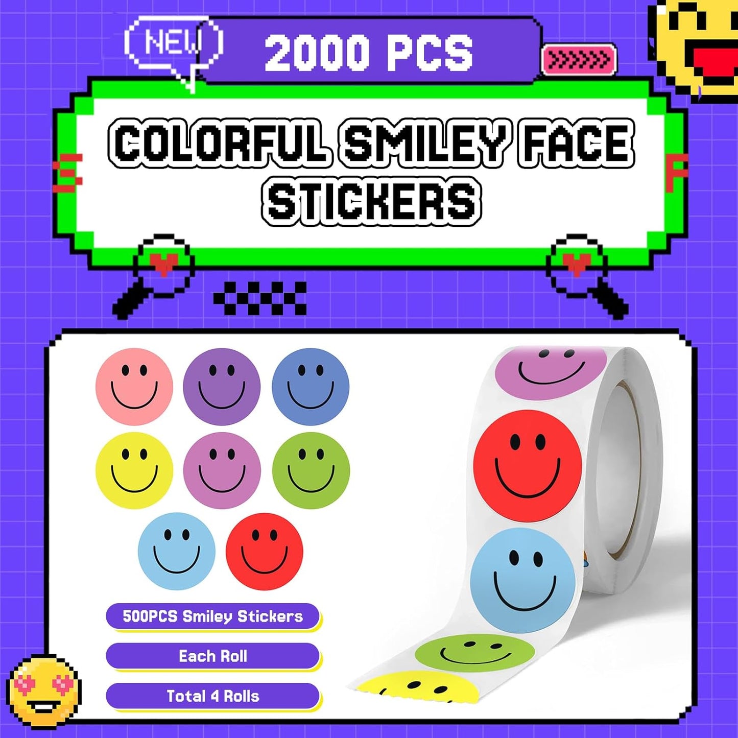 2000Pcs Smiley Face Stickers - 4 Rolls Happy Face Stickers Cute Small Reward Stickers for Kids Classroom Teachers Students