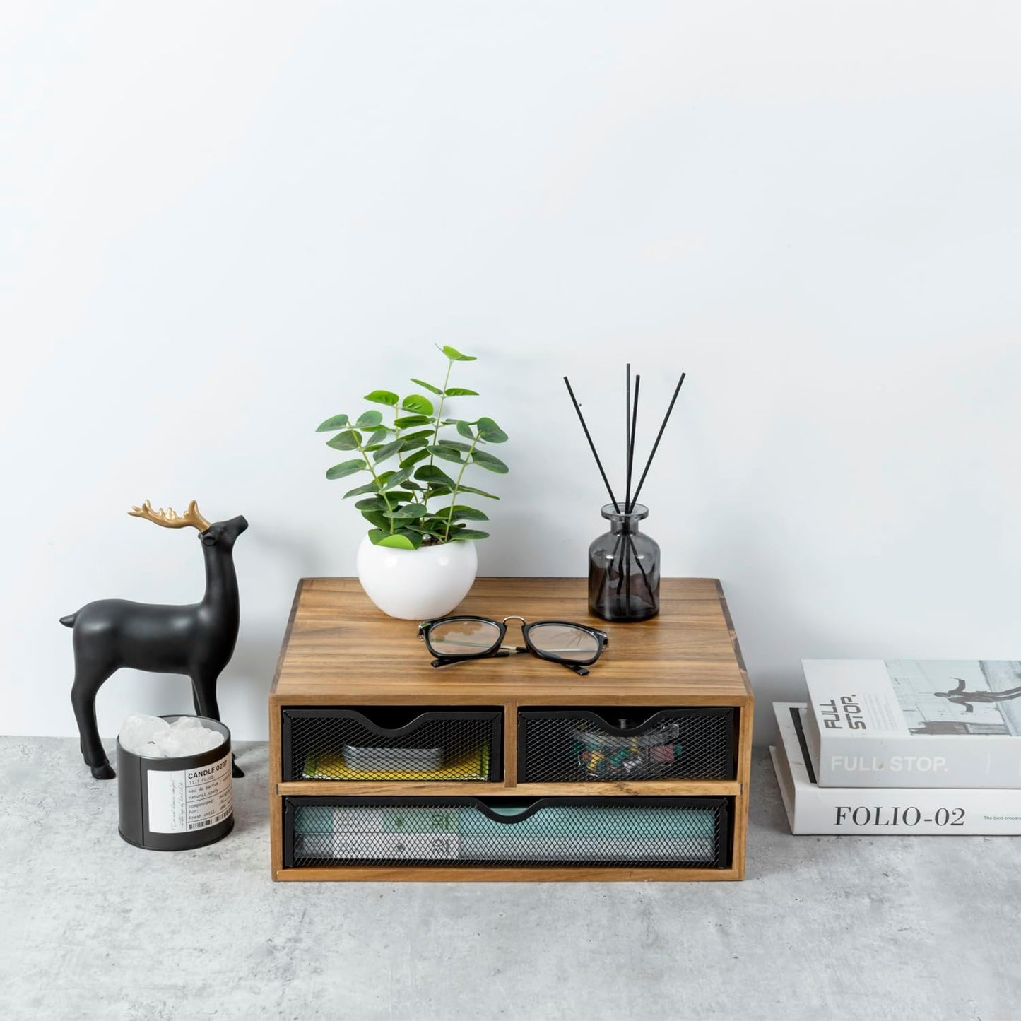 MyGift Premium Acacia Solid Wood Desktop Organizer Box with 3 Removable Black Metal Mesh Trays, Rustic Office Desk Supplies Storage Drawers for Accessories