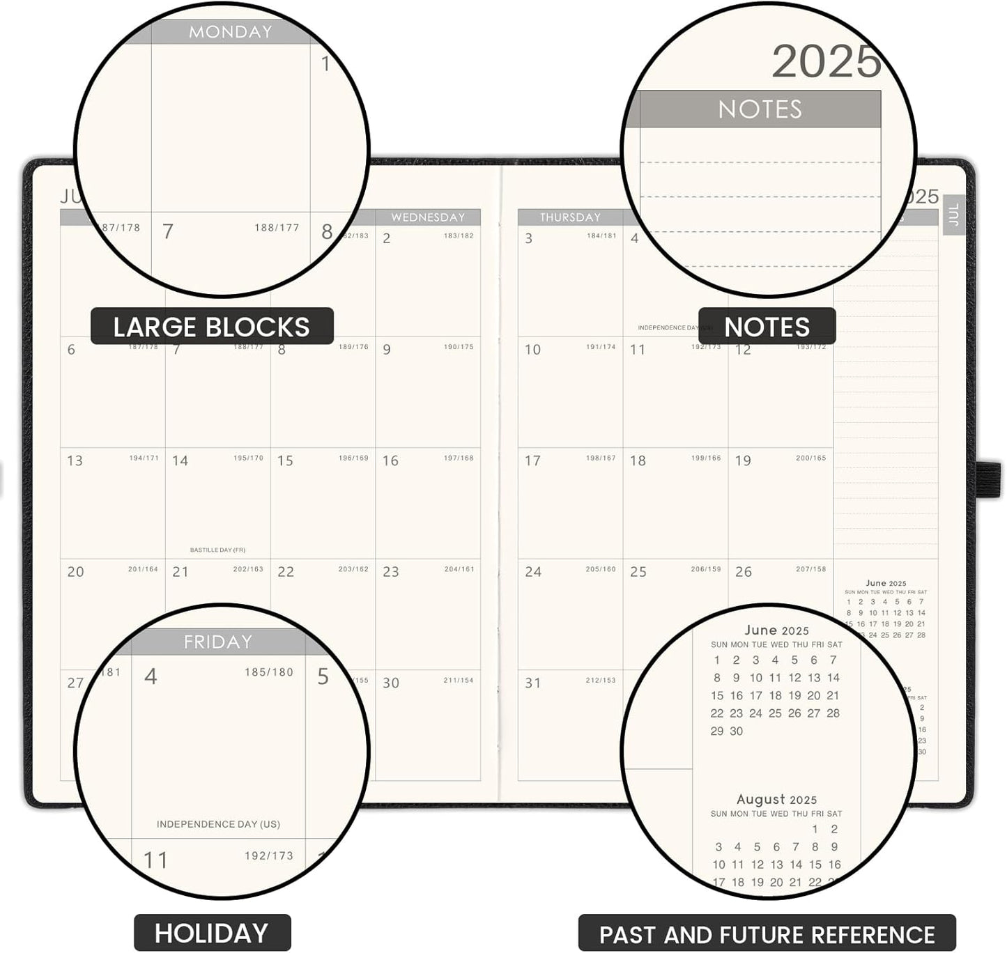 2025-2026 Planner - Academic Planner 2025-2026, July 2025 - June 2025, Weekly and Monthly Planners, 8.5" x 11", Pen Holder, Calendar Stickers, Pocket, Faux Leather Cover -Black