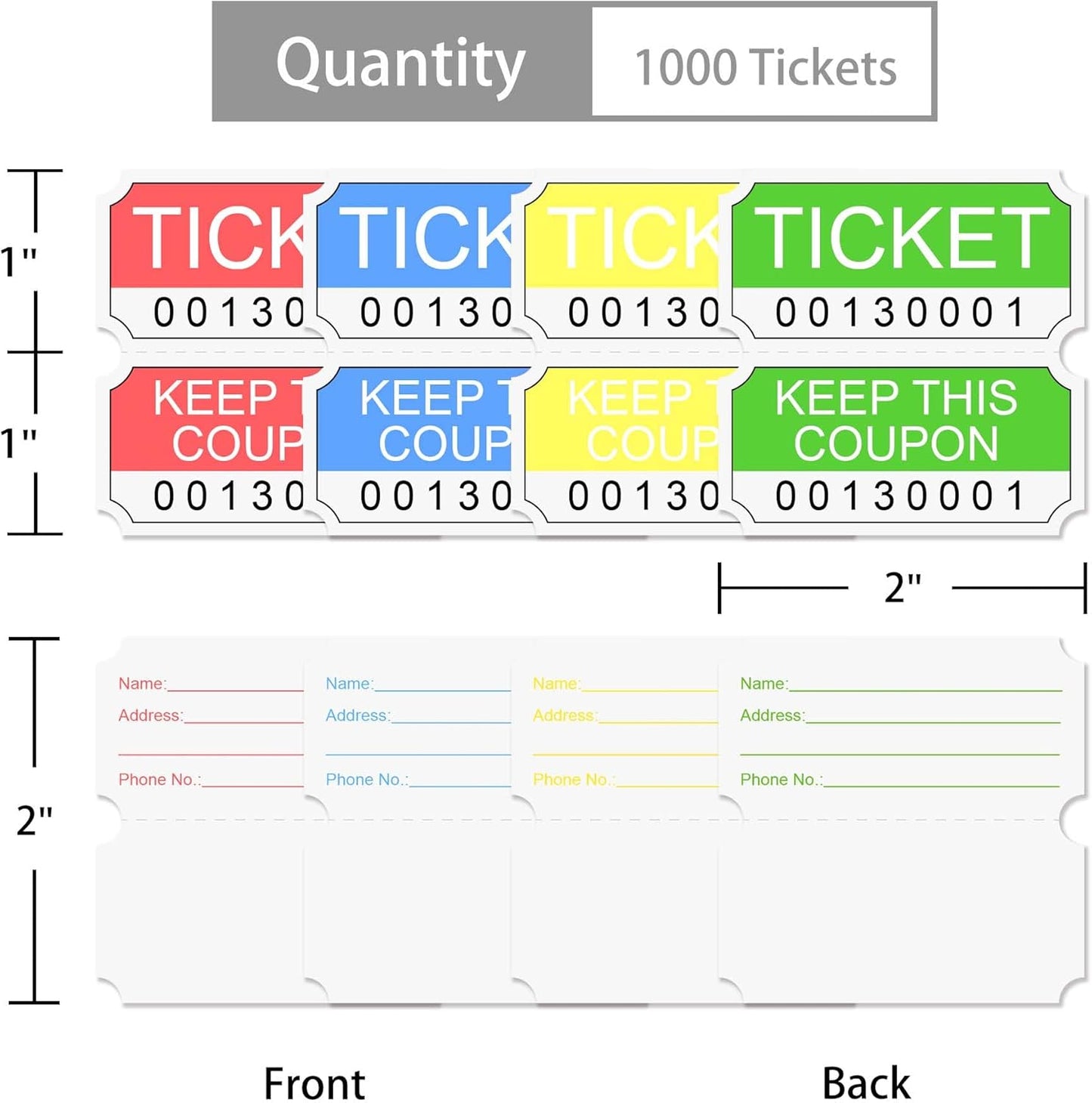 ESSENTIAL 4000 Assorted Double Raffle Tickets Set of 4 Assorted Color Printable for Leisure, Movie Watching, Entertainment