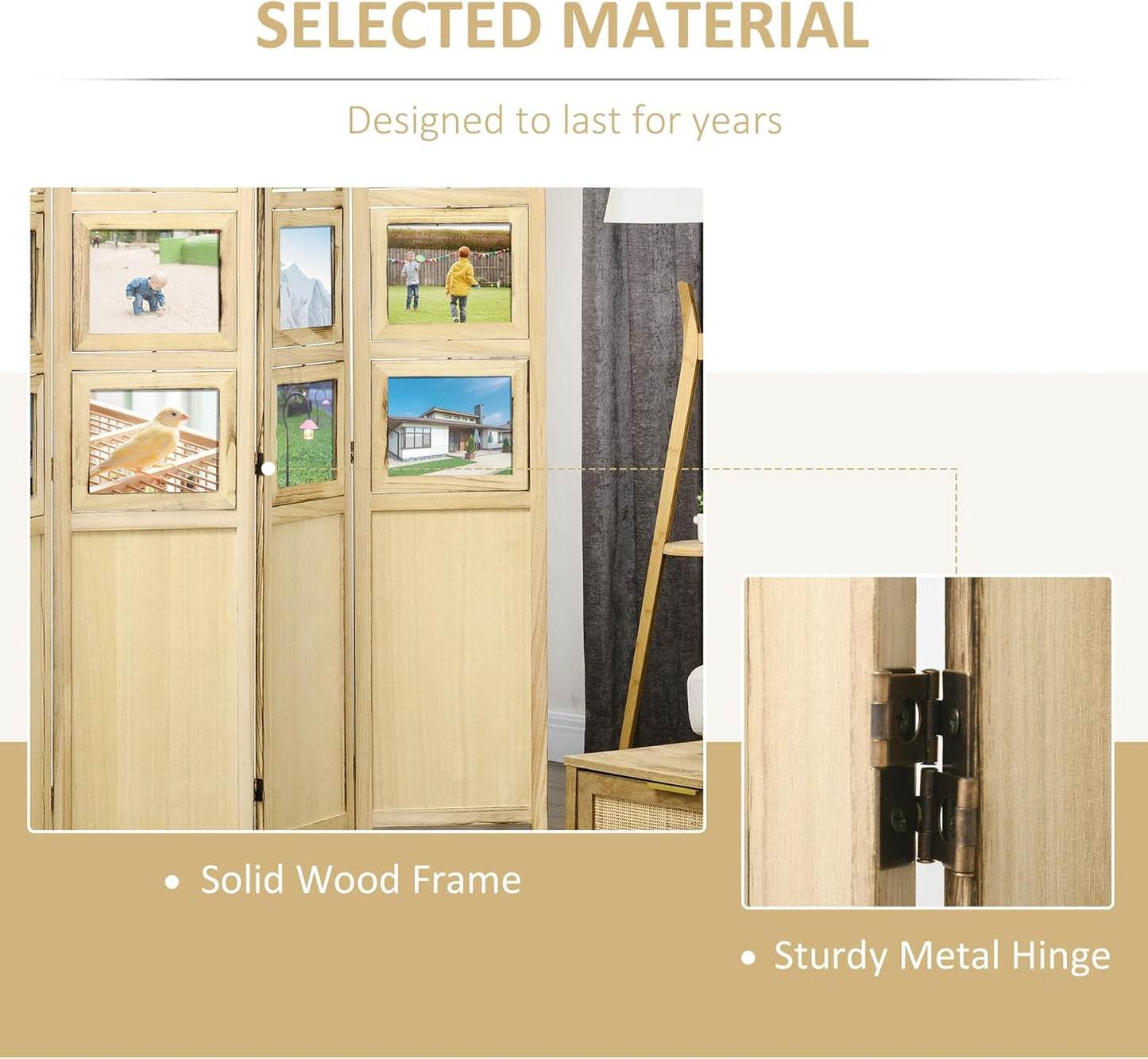 NicBex Room Divider 4 Panel Room Dividers with Photo Frames and Cardstocks Partition Room Dividers and Folding Privacy Screens 5.6 FT Wall Divider for Room Separation,63" W x 0.75" D x 67" H, Natural