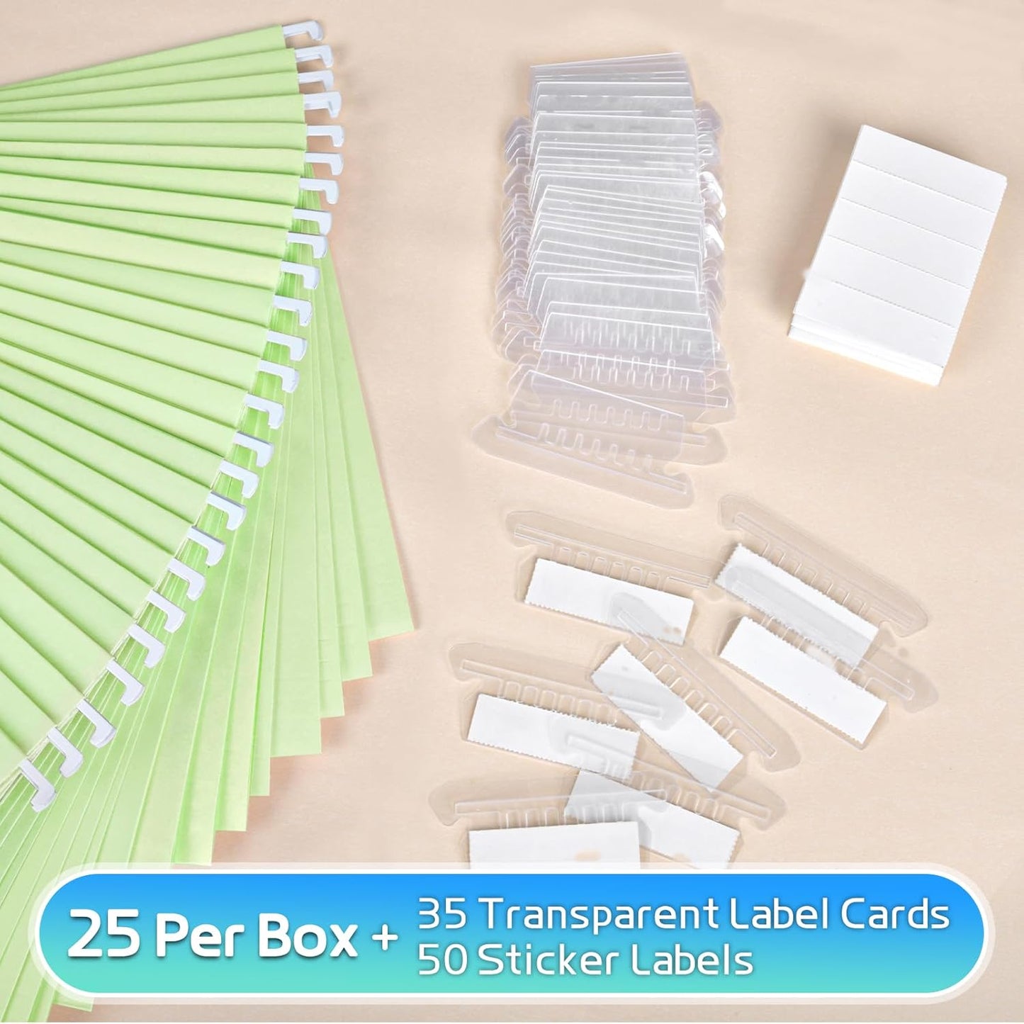 25-Pack Green Hanging File Folders, Letter Size (8.5" x 11") with 1/5-Cut Tabs,Includes 35 Transparent Label Cards & 50 Sticker Labels for Home & Office Organization