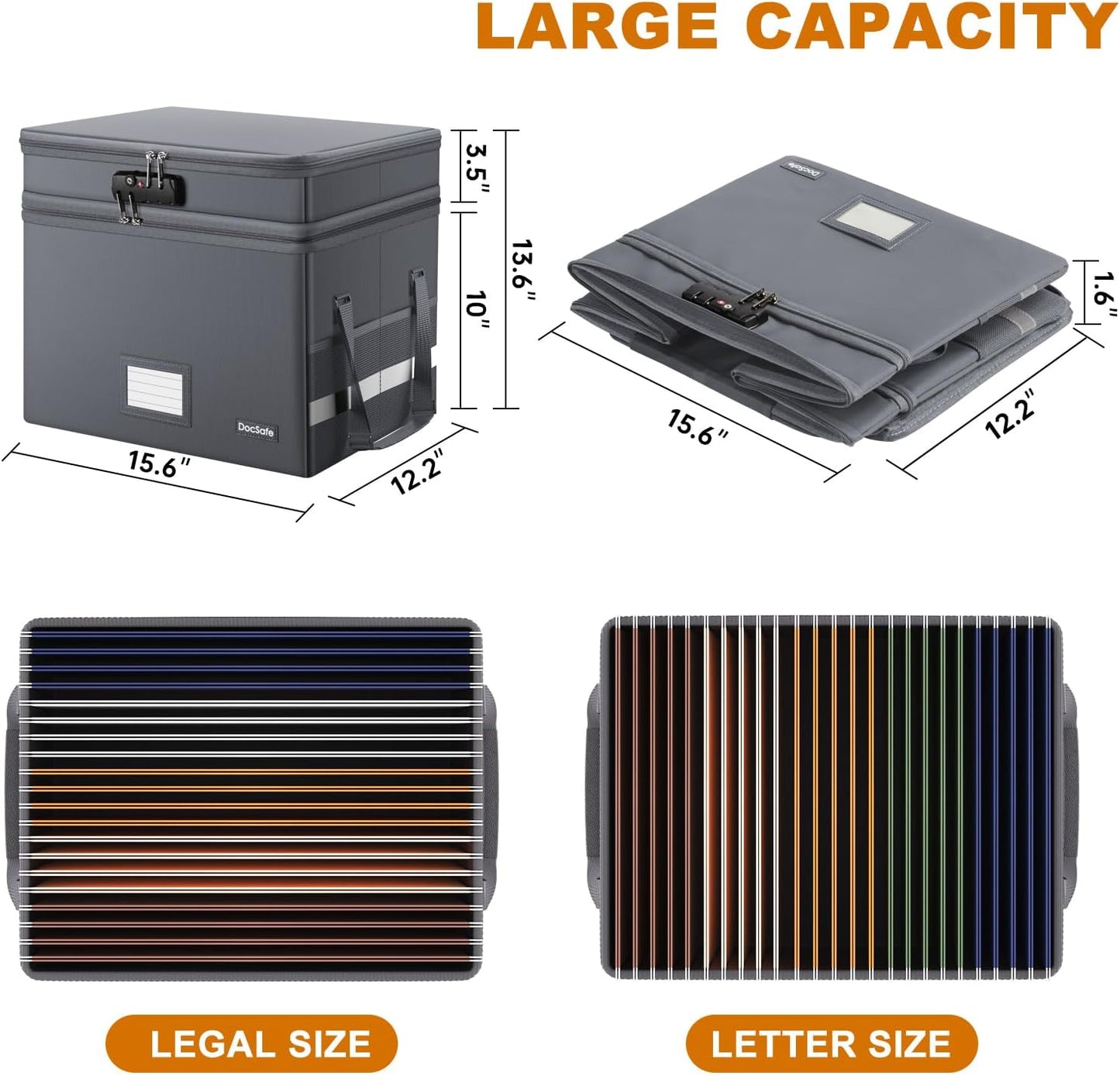 DocSafe File Box with Lock,Multi-Layer Fireproof Document Box Collapsible File Storage Organizer with Pockets/Handle,Large Portable Home Office Filing Box for Hanging Letter/Legal Size Folders,Gray