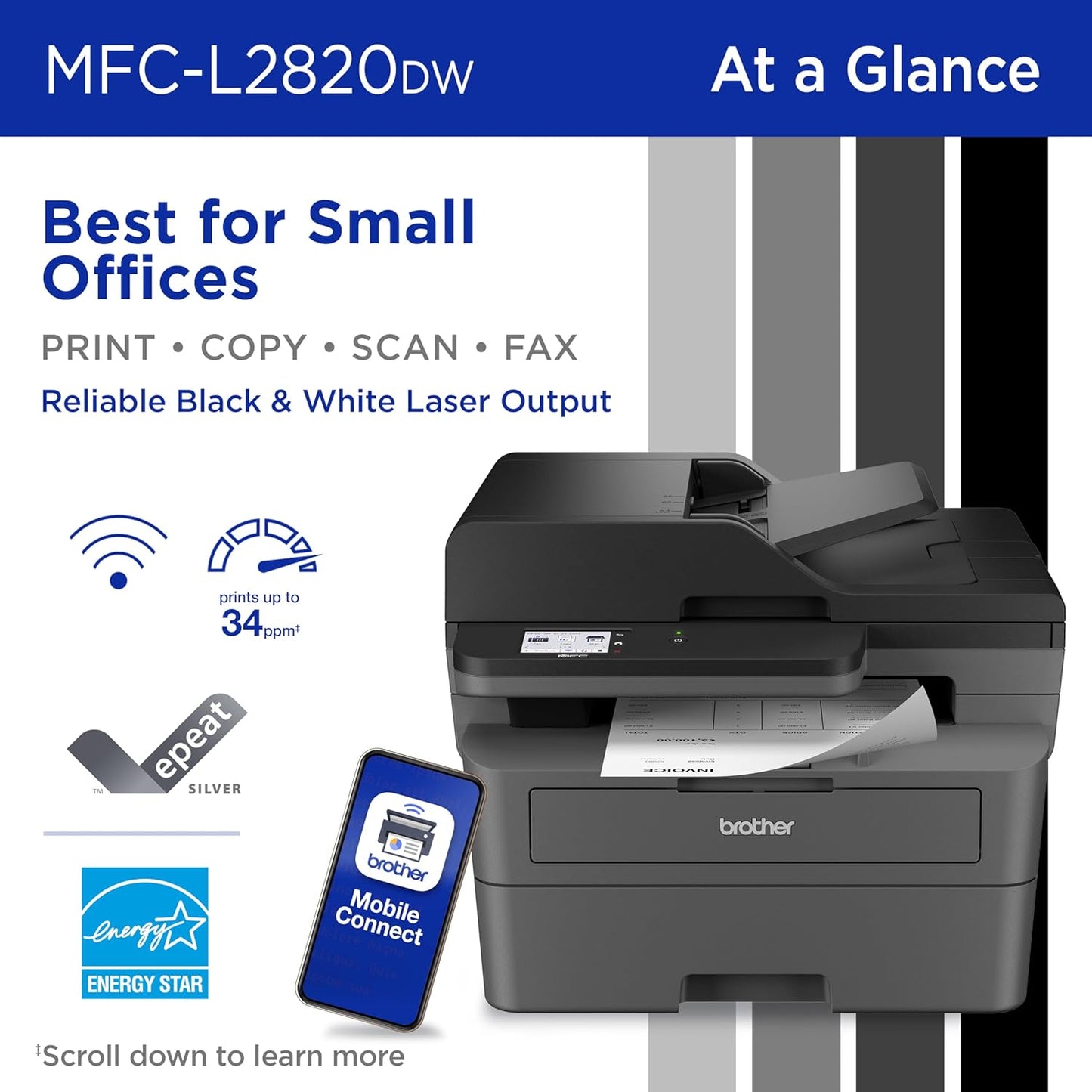 Brother MFC-L2820DW Wireless Compact Monochrome All-in-One Laser Printer with Copy, Scan and Fax, Duplex, Black & White | Includes Refresh Subscription Trial(1),(Renewed Premium)