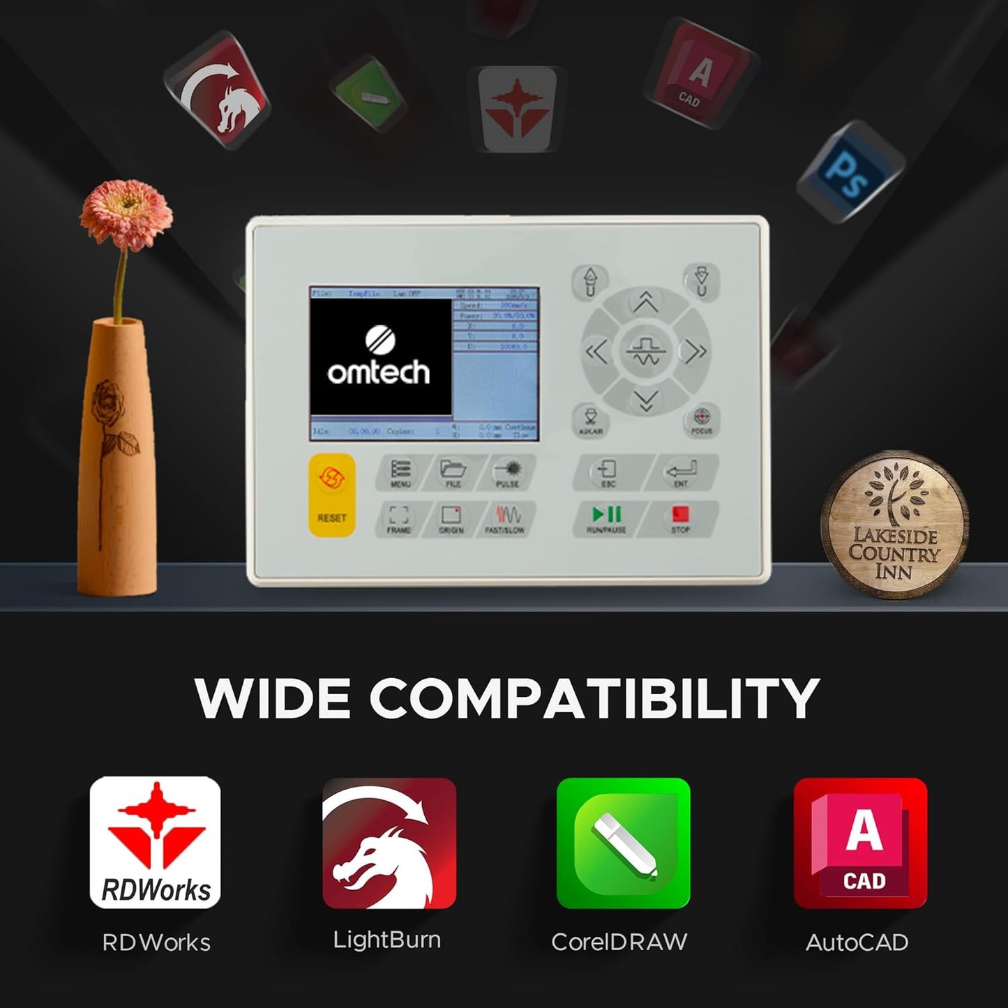 OMTech 90W CO2 Laser Engraver with Water Chiller & LightBurn, 28"x20" Cutting & Engraving Machine with Air Assist, 4-Way Pass, Caster Wheels, RDWorks, for Wood, Glass, Acrylic & More