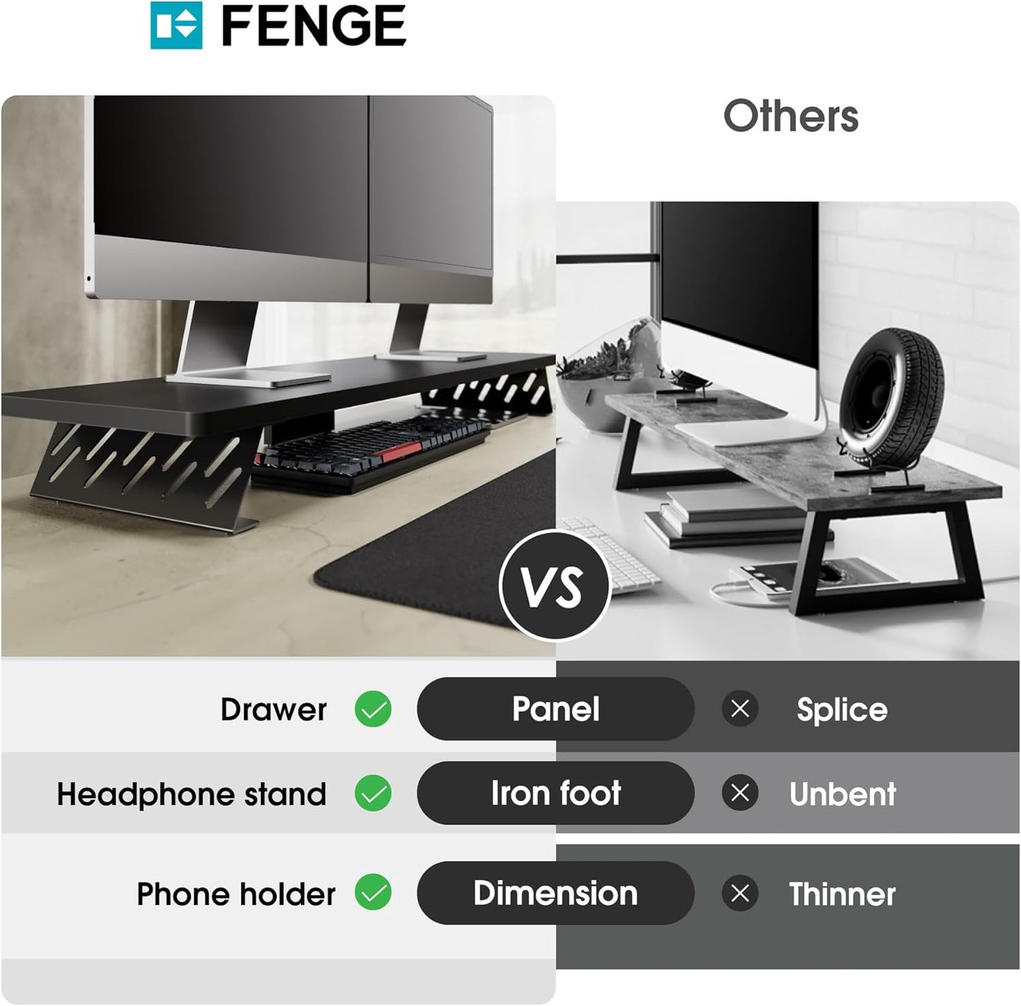 Fenge Dual Monitor Stand Riser, 42.5 Inch Desk Top Shelf for 2 Monitors, Computer Stands for Desk, Wood & Steel Desktop Riser for Laptop, PC, Printer