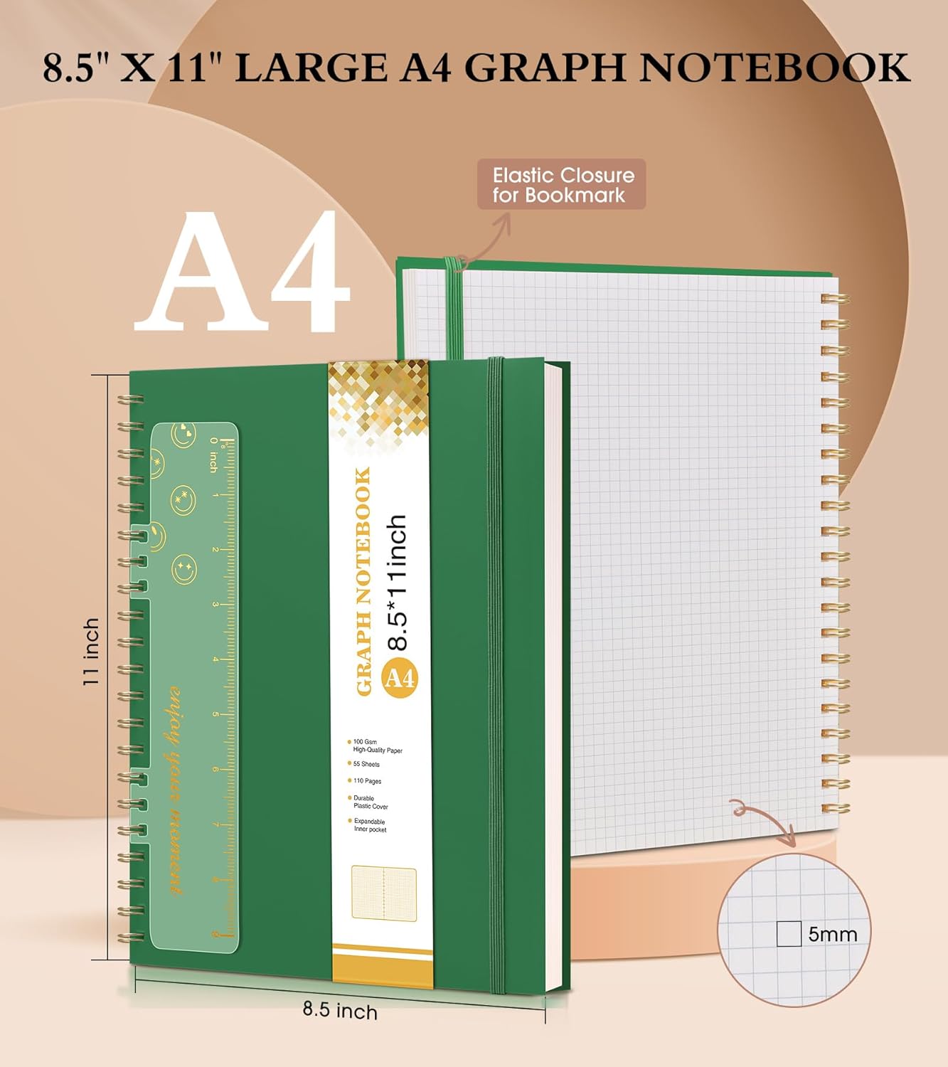 Graph Paper Notebook, Spiral Notebook Journal 8.5” x 11”, A4 Large Grid Notebooks for Women Men, 100 GSM Graph Paper, Plastic Hardcover Spiral Graphing Journals for Work School Engineerin, Green