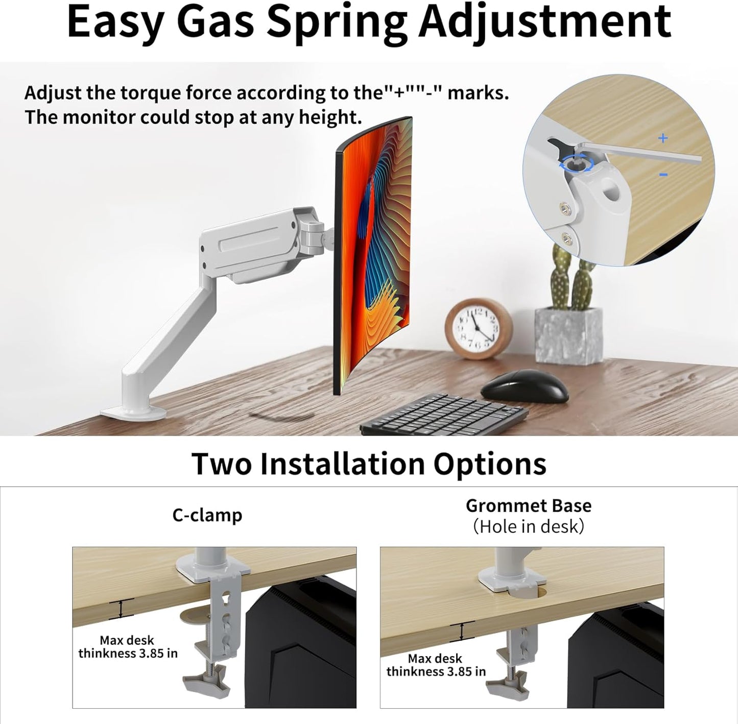Suptek Monitor Mount Gas Spring Single Monitor Arm Desk Mount Stand Fully Adjustable Fits 17 20 22 23 24 26 27 32 inch Monitors (White)