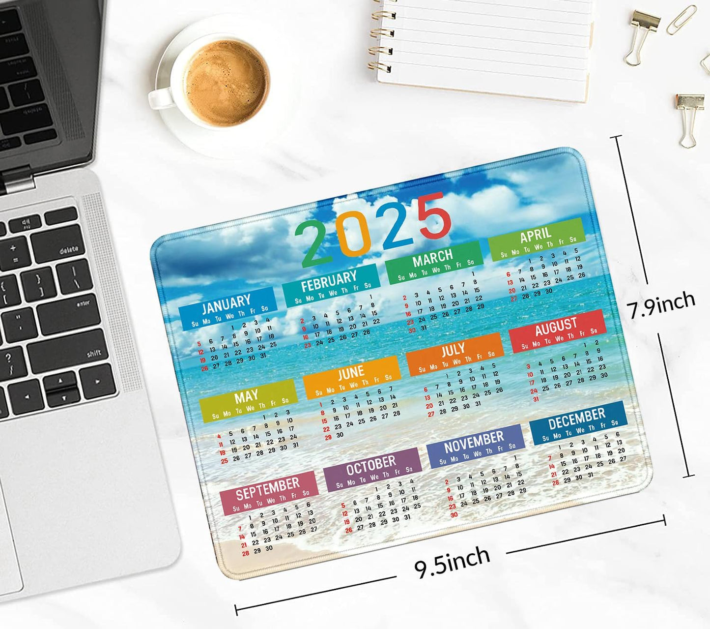 2025 Calendar Rectangular Stitched Edge Office Computer Mouse Pad, Anti Slip Rubber Desktop Gaming Mouse Pad (Beach Calendar)