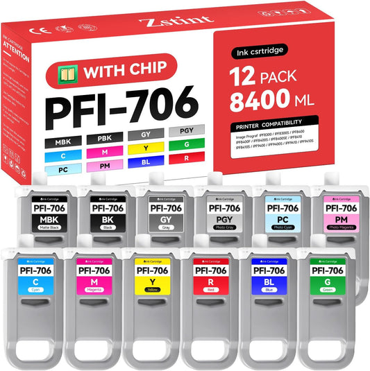 PFI-706 Pigment Ink Tank 12-Pack 700ml Ink Cartridges Compatible with Canon ImagePROGRAF iPF8300 iPF8300S iPF8400F iPF8400S iPF8400SE iPF9400 iPF9400S iPF8400 iPF8410 iPF9410 iPF8410S iPF9410S Printer