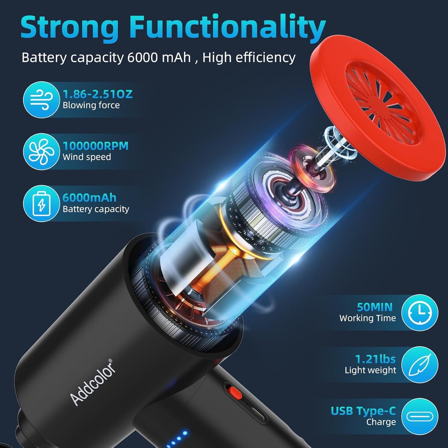 Compressed Air Duster 6000mAh Battery - Electric Air Duster Addcolor AD-38 Keyboard Cleaner for Office-3 Adjustable Wind Speeds with LED Light, Cordless & Reusable Canned Air Duster for Computers