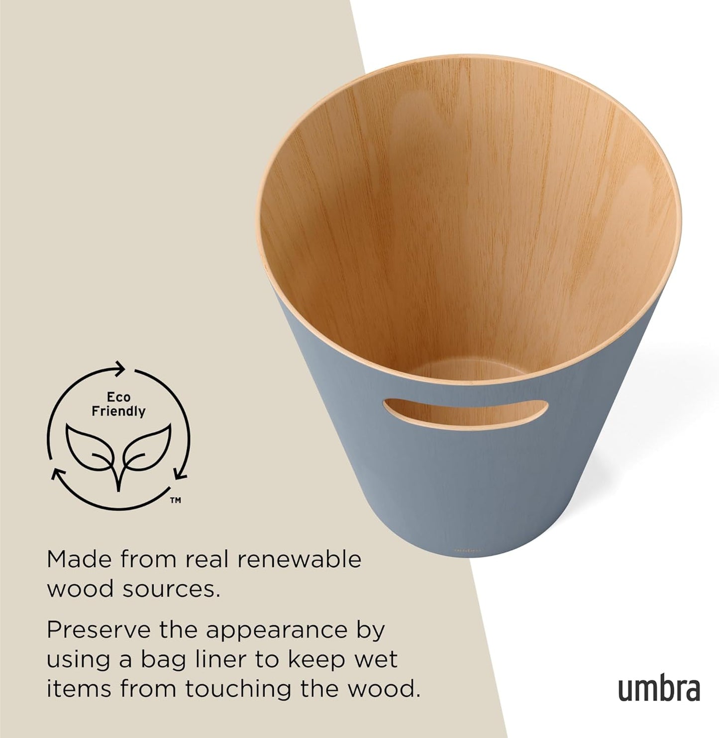 Umbra Woodrow 2-Gallon Modern Wooden Trash Can Wastebasket, Attractive Bin for Garbage or Recycling, Suitable for Home or Office, Slate Blue