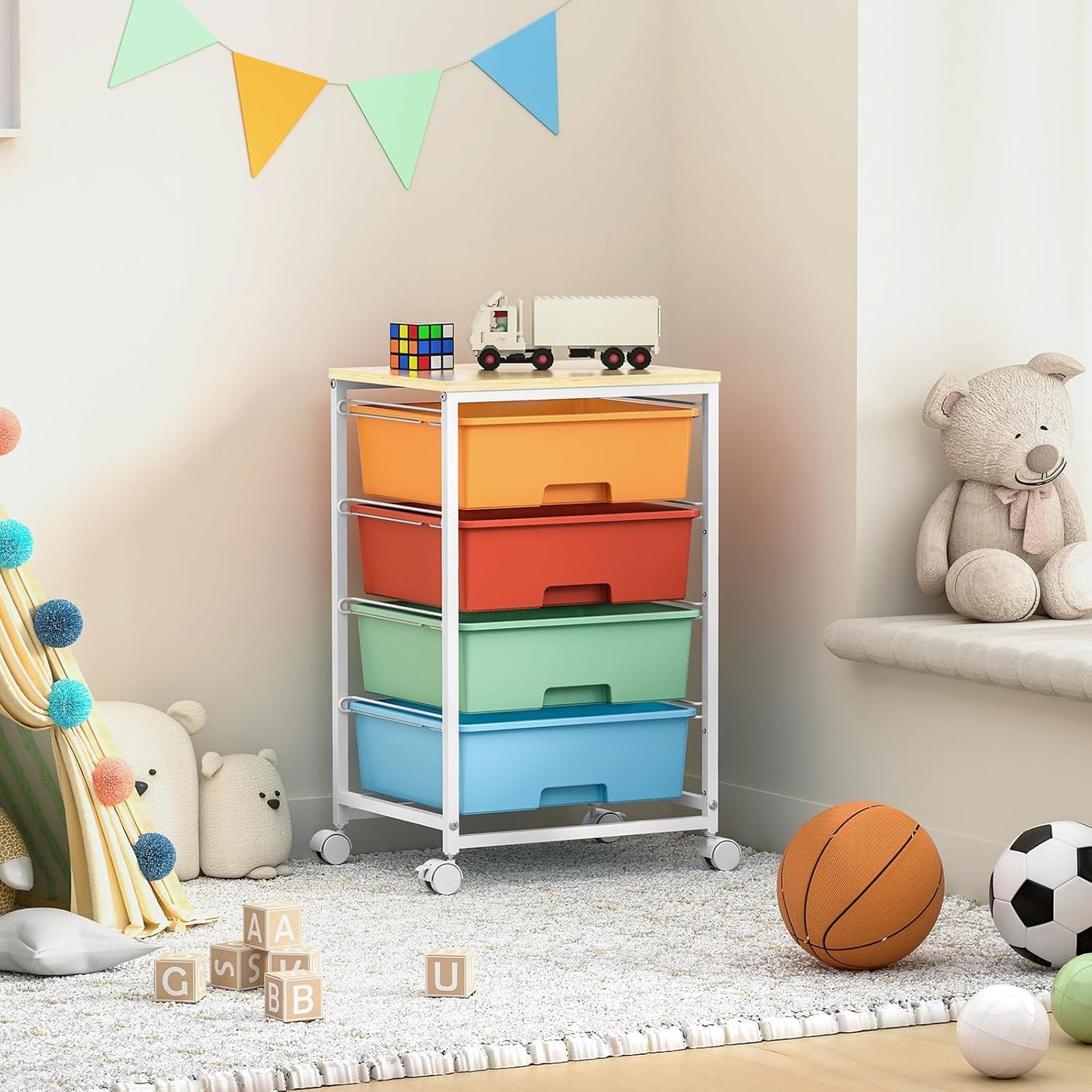 Utility-Rolling-Storage-Drawer-Craft-Cart-Organizer with 4 Drawers and Wooden Tabletop & Lockable Wheels for Home Office, Bedroom, Kids Room, Classroom, 4 Tiers Under Desk Drawer Cart, Macaron