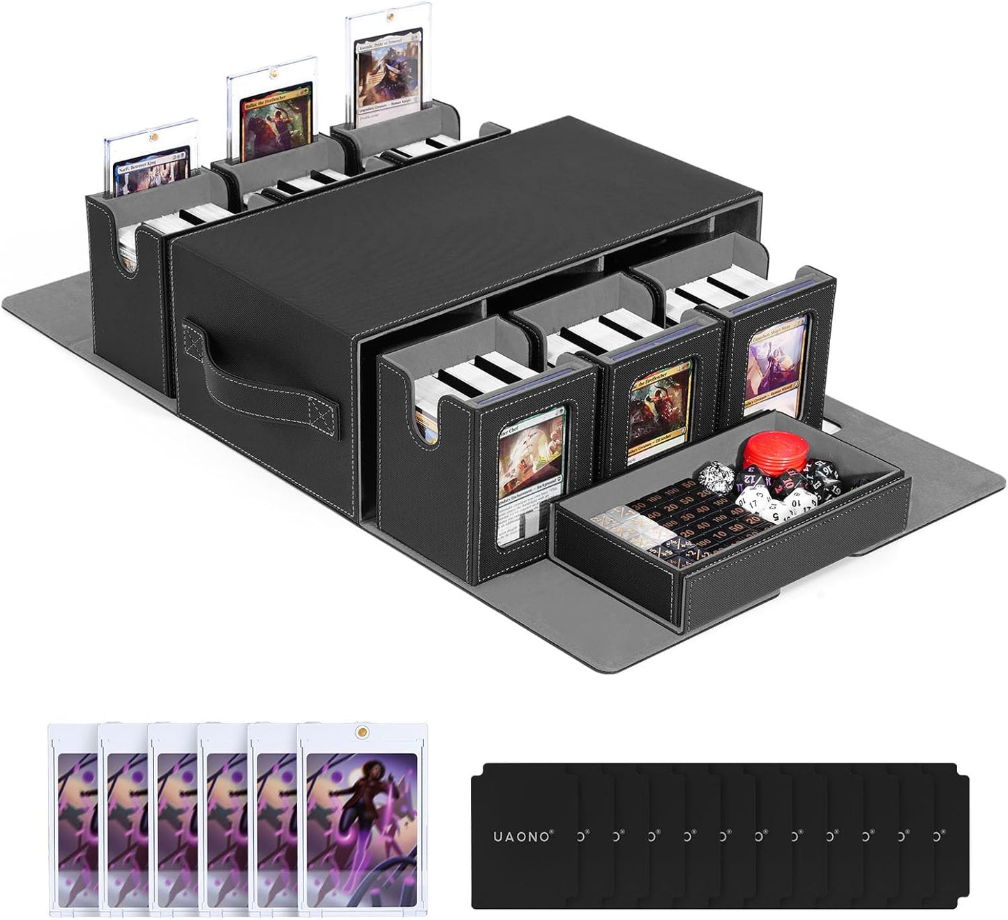 Commander Deck Box for MTG, 6-Deck Modular Card Case with Dice Tray Holds 600+ Double-sleeved Cards, Removable Trading Cards Storage Box with 35PT Magnetic Card Holders for TCG, Black Grey