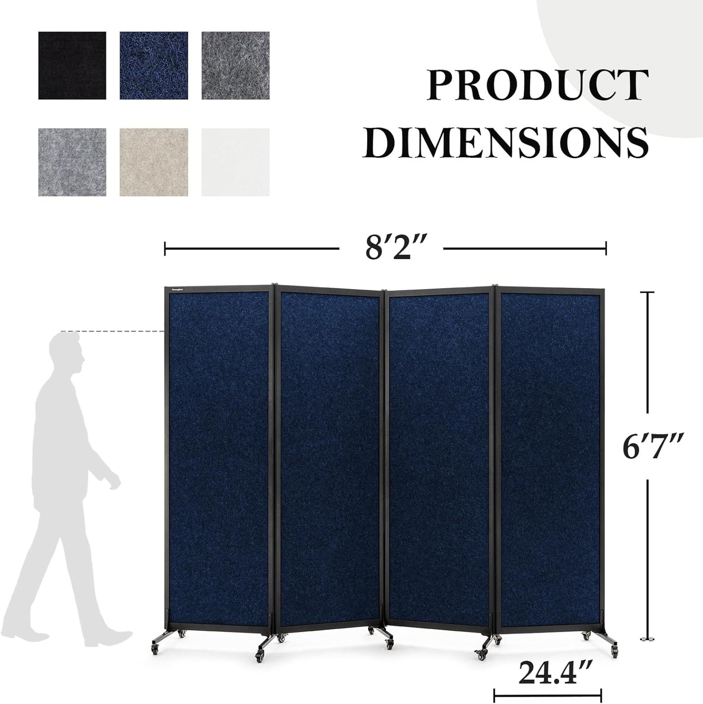 Upgrade Version Room Partition and Divider, Freestanding Rolling Dividers with Wheels,Office Privacy Screen Divider Wall,Classroom Felt Dividers,8'2"L* 6'7"H,4 Panel，Blue