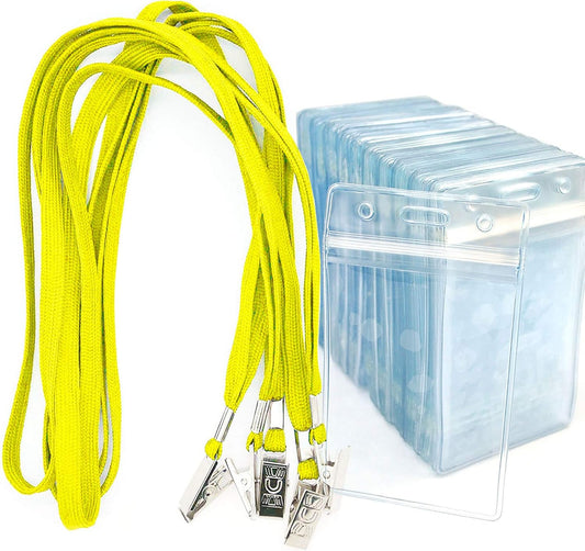 Bird Fiy Lanyards with Id Holder Badges Name Tags 50 Pack Lanyards with Bulldog Clip and 50 Pack Waterproof Clear Plastic Vertical Name Tag Badge ID Card Holders (Yellow)