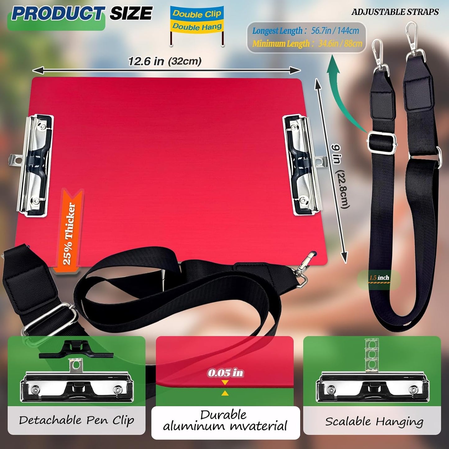 Aluminum Metal Clipboard with Detachable Adjustable Shoulder Strap A4 Double Clip Board Stainless Hangable w/Pen Holder Letter 9" x 12.6" for School Office Business Factory (Red-with Strap, A4)