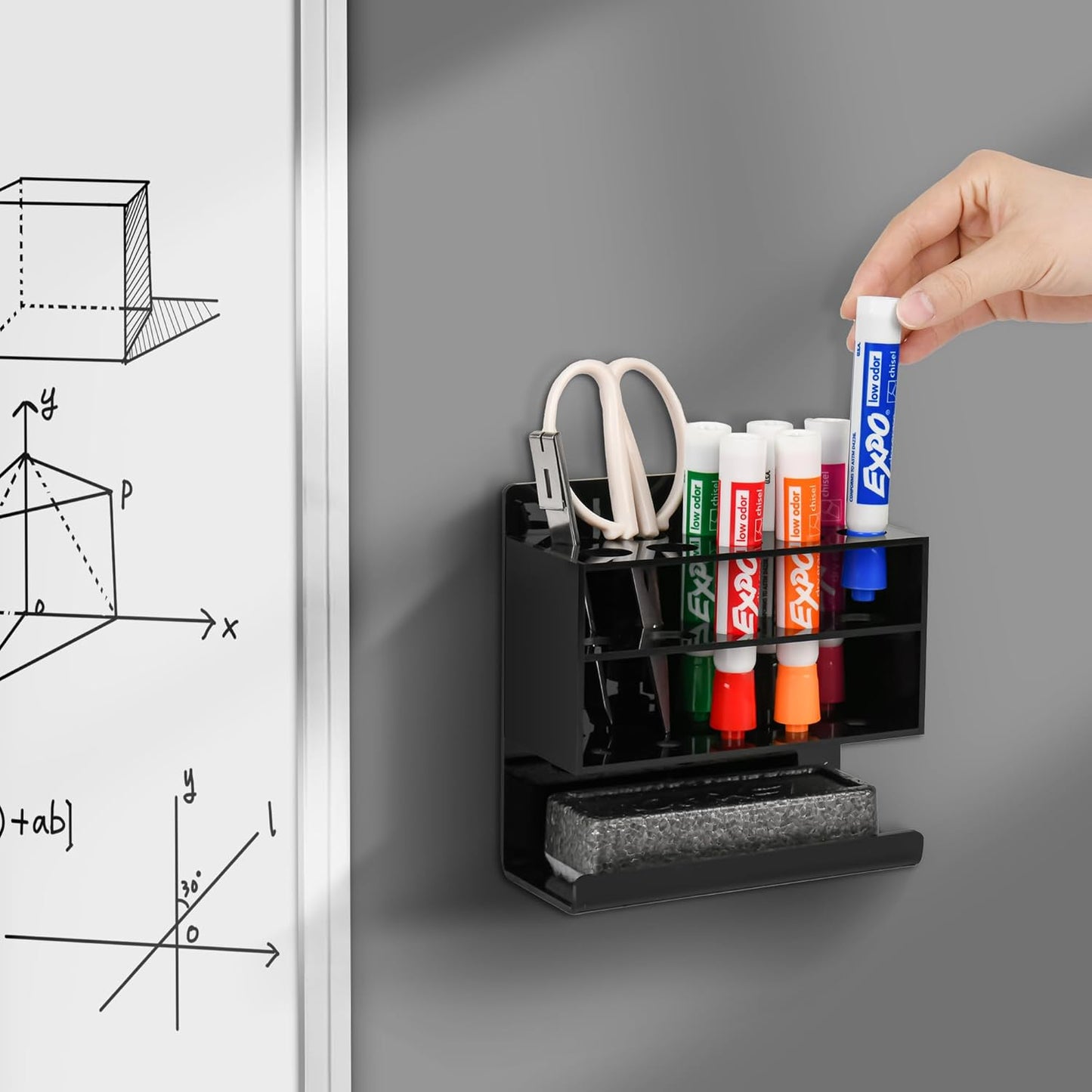 Dry Erase Marker Holder, 2 PCS Wall Mounted Acrylic Marker Holder with 10 Slots, Sticky Pen Storage for Classroom Organization, Whiteboard, Office, Black