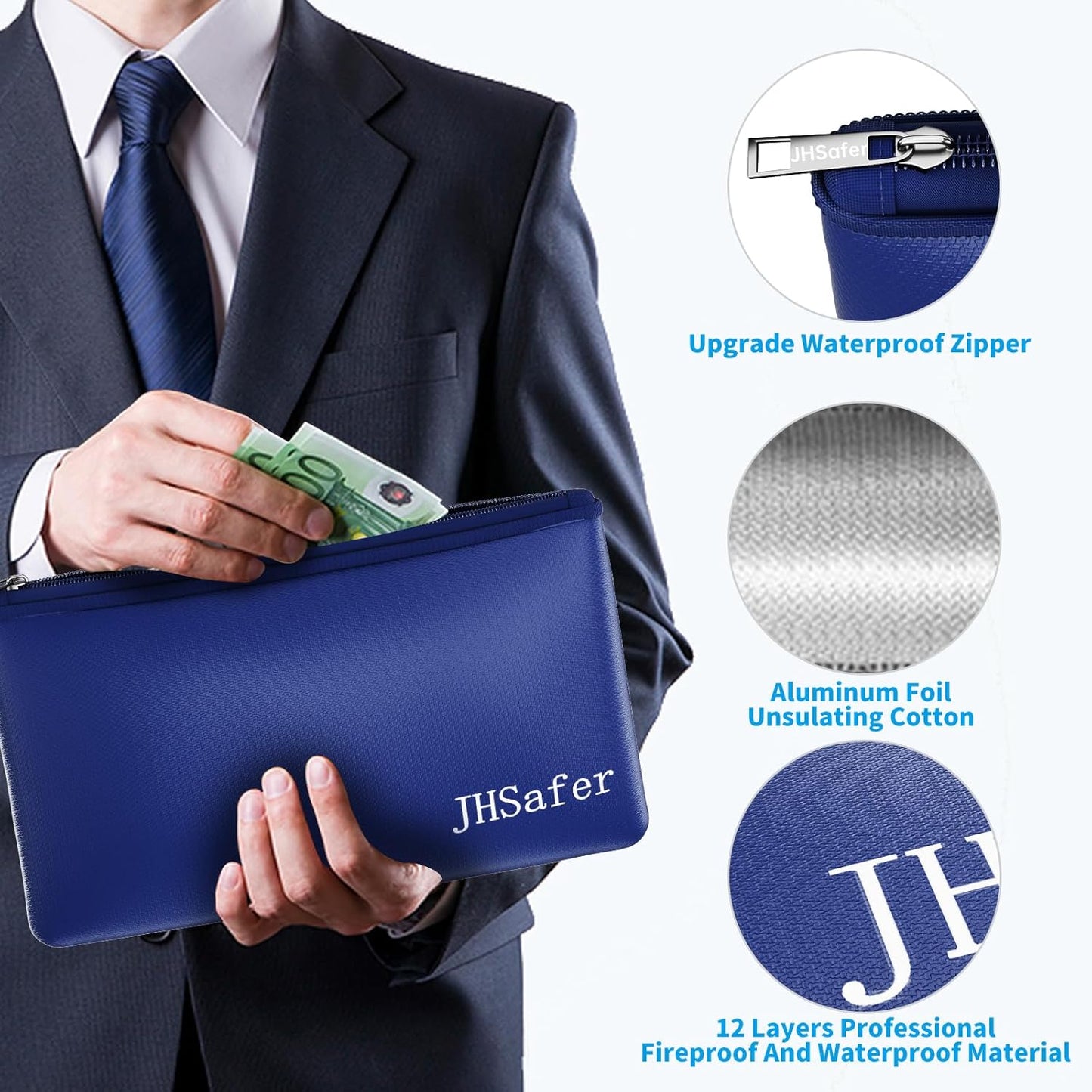 6400℉ Fireproof and Waterproof Money Bags 2pcs with Zipper,11''x6.3'' Fireproof Cash Bag with Zipper,Fireproof Wallet Envelope Safe Pouch Fireproof Bags for Cash Passports Keys Jewellery (Blue)