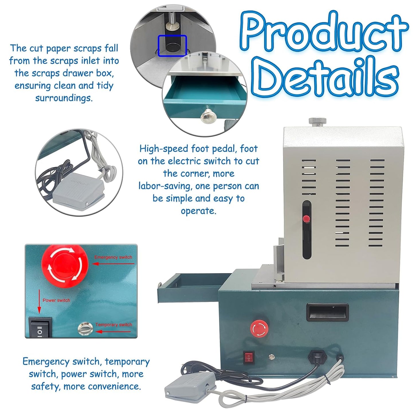 Electric Corner Rounder Machine with Foot Pedal and 7 Blades (R3-R10) 180W 110V Heavy Duty Punch Cutter with Paper Drawer Semi-Auto Metal Corner Rounding Machine for Paper/PVC/Plastic Films