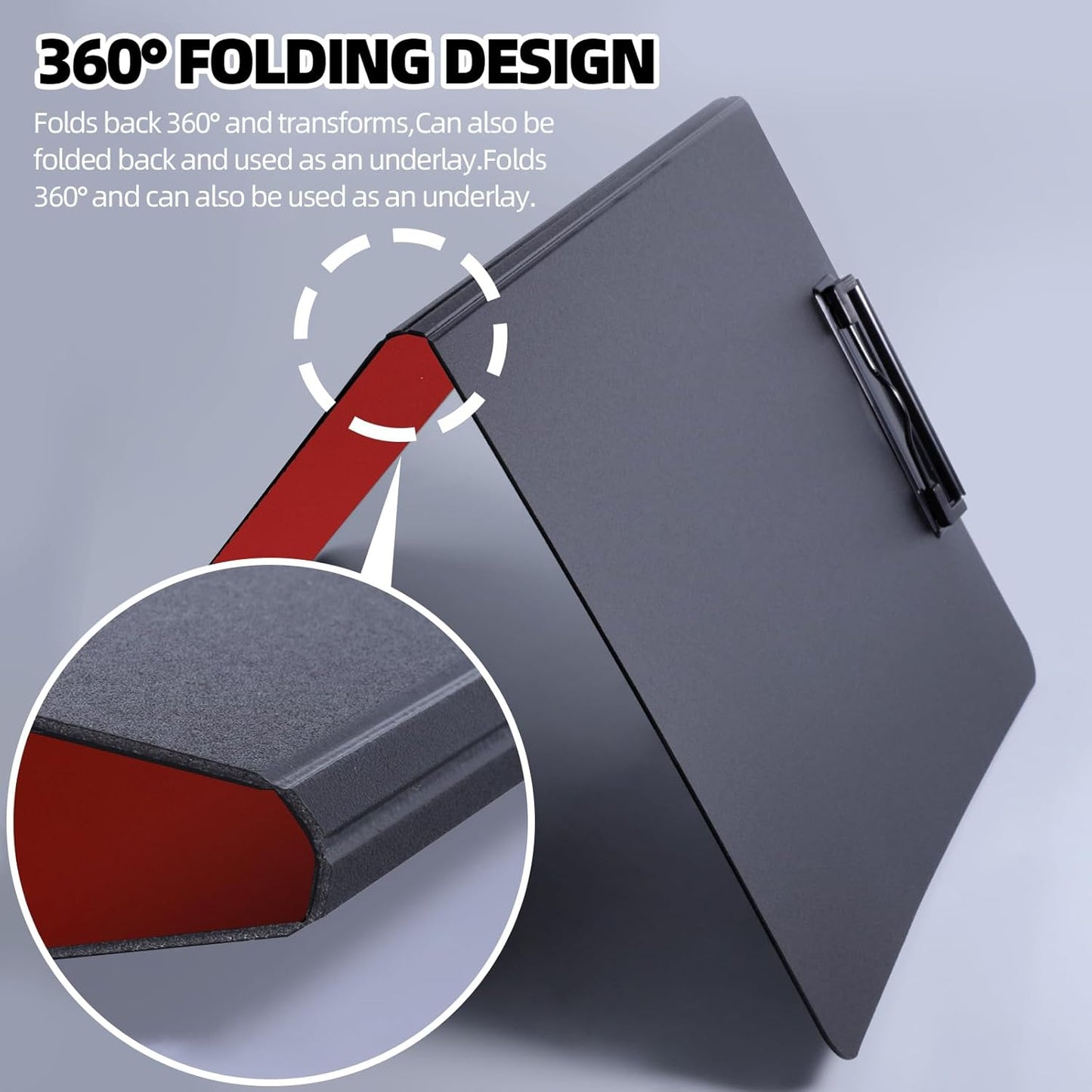 Clipboard Folder, 2 Pcs A4 Foldable Clipboard with Horizontal and Vertical Double Metal Clips, 360 Degree Foldable Binder Clipboards with Pen Holder, File Cover Work Folder Clipboards, Red