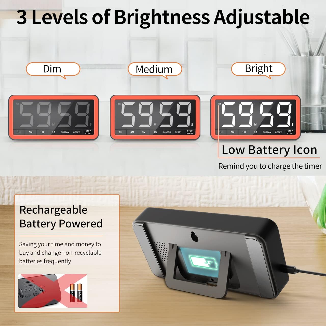 VOCOO Digital Kitchen Timer with 7.8” Extra Large Display, Magnetic LED, with 3 Brightness, 4 Alarms and 3 Volume Levels, Battery Powered Countdown Count Up Timer for Cooking, Classroom, Home Gym