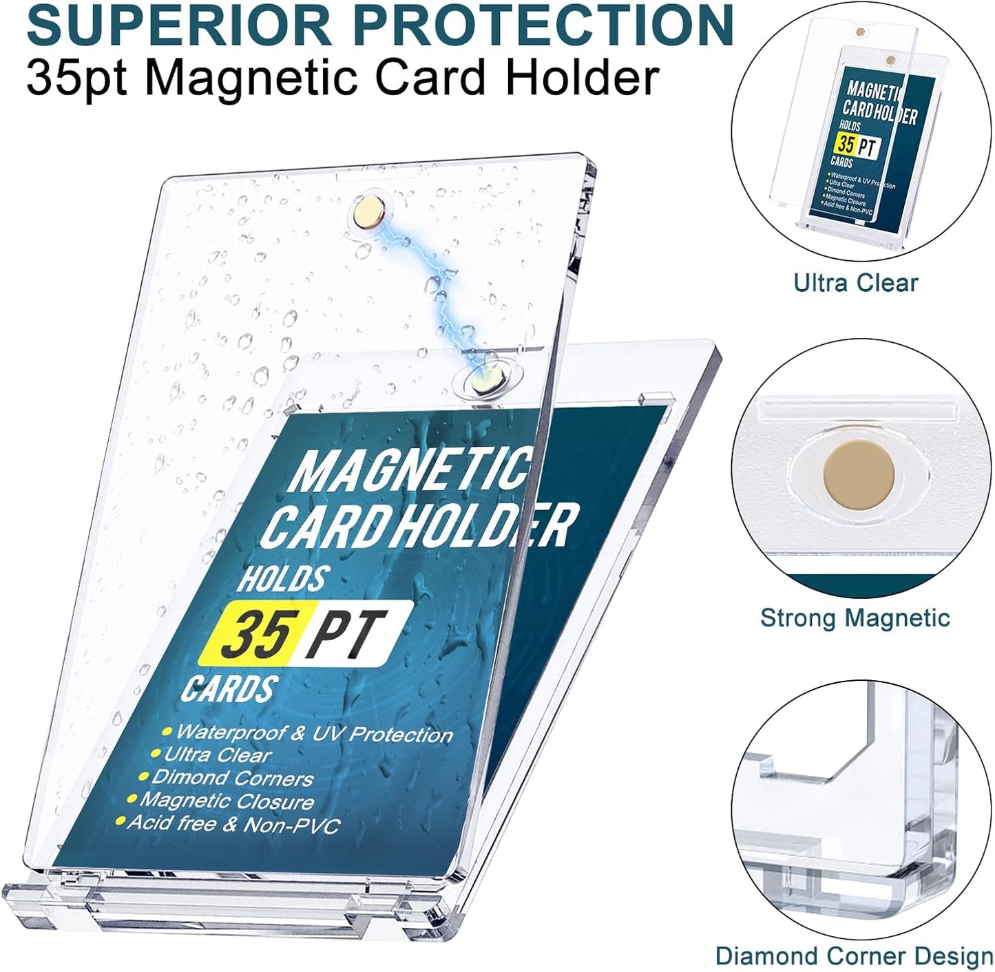 GEAoffice 25pc Magnetic Card Holder for Trading Cards with Dispaly Stands, 35pt UV Protection Ultra Clear Baseball Card Holder Protectors for Sports & Game Cards, Hard Plastic