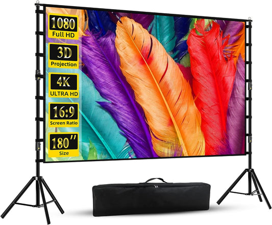 Projector Screen with Stand, Wootfairy 180 inch Portable and Foldable Projection Screen 4K HD 16:9 Rear Front Wrinkle-Free Movie Screen with Carry Bag for Indoor Outdoor Home Theater Backyard Cinema