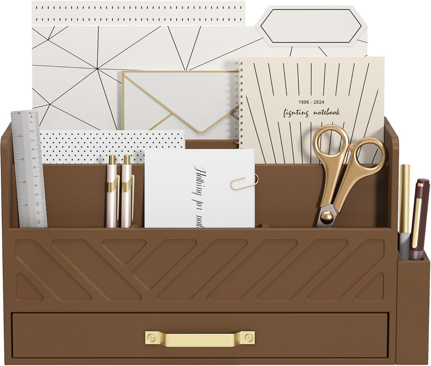 Bamboo Desk Organizer Mail Holder Countertop Wood Desk Drawer Tabletop Storage Box Pen Holder Letter Sorter Makeup Organizer for School Home Office Supplies with Pen Holder Brown