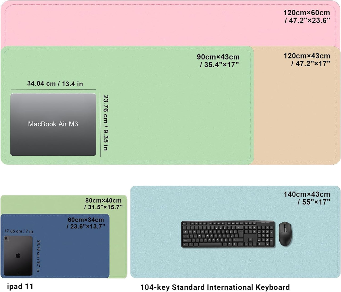 Large Desk Pad Mat - 47.2" x 17", Office Desk Mat - Non-Slip PU Leather & Cork Desk Blotter for Keyboard and Mouse - Light Blue